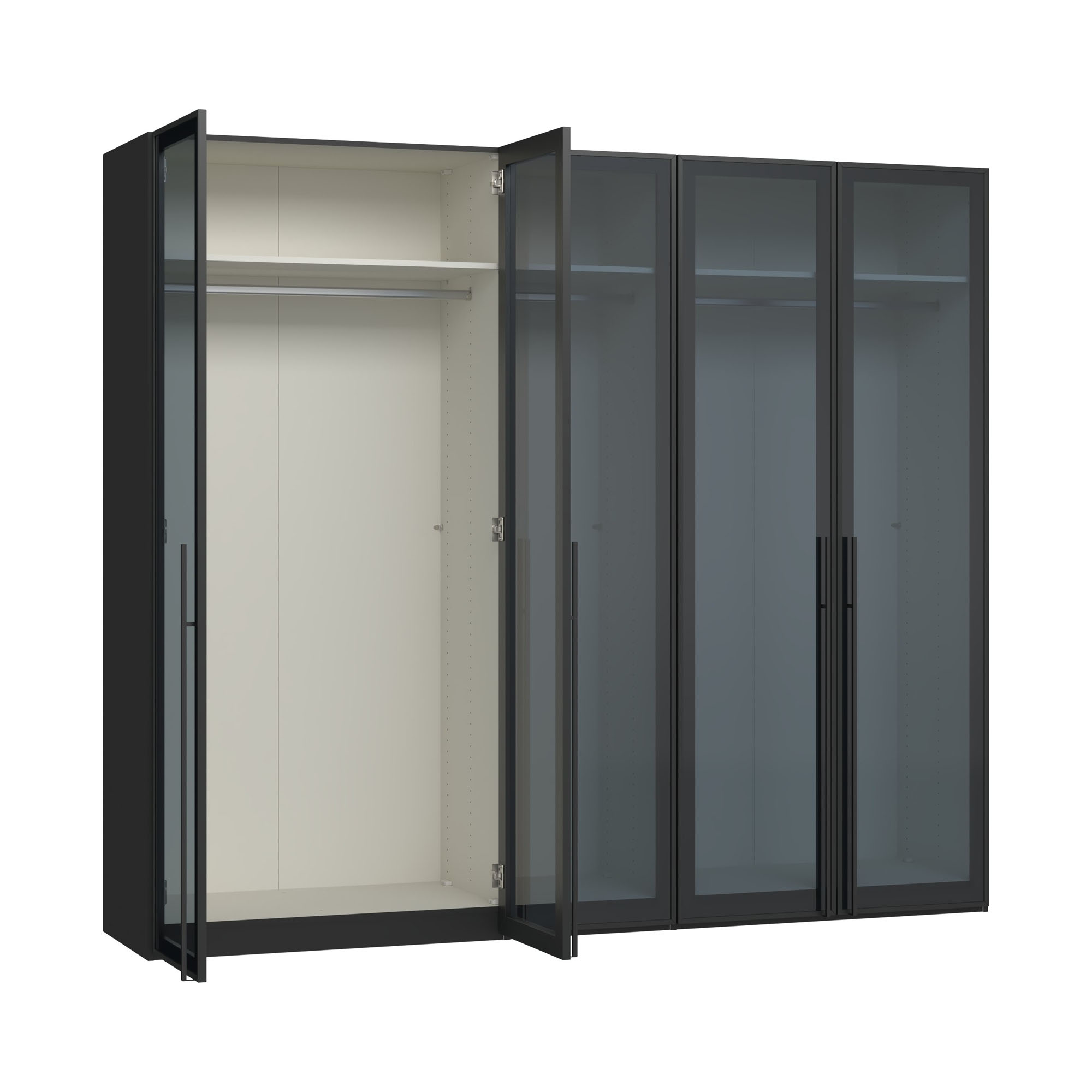 Drehtürenschrank mit geöffneter linker Glastür und Innenansicht mit Kleiderstange