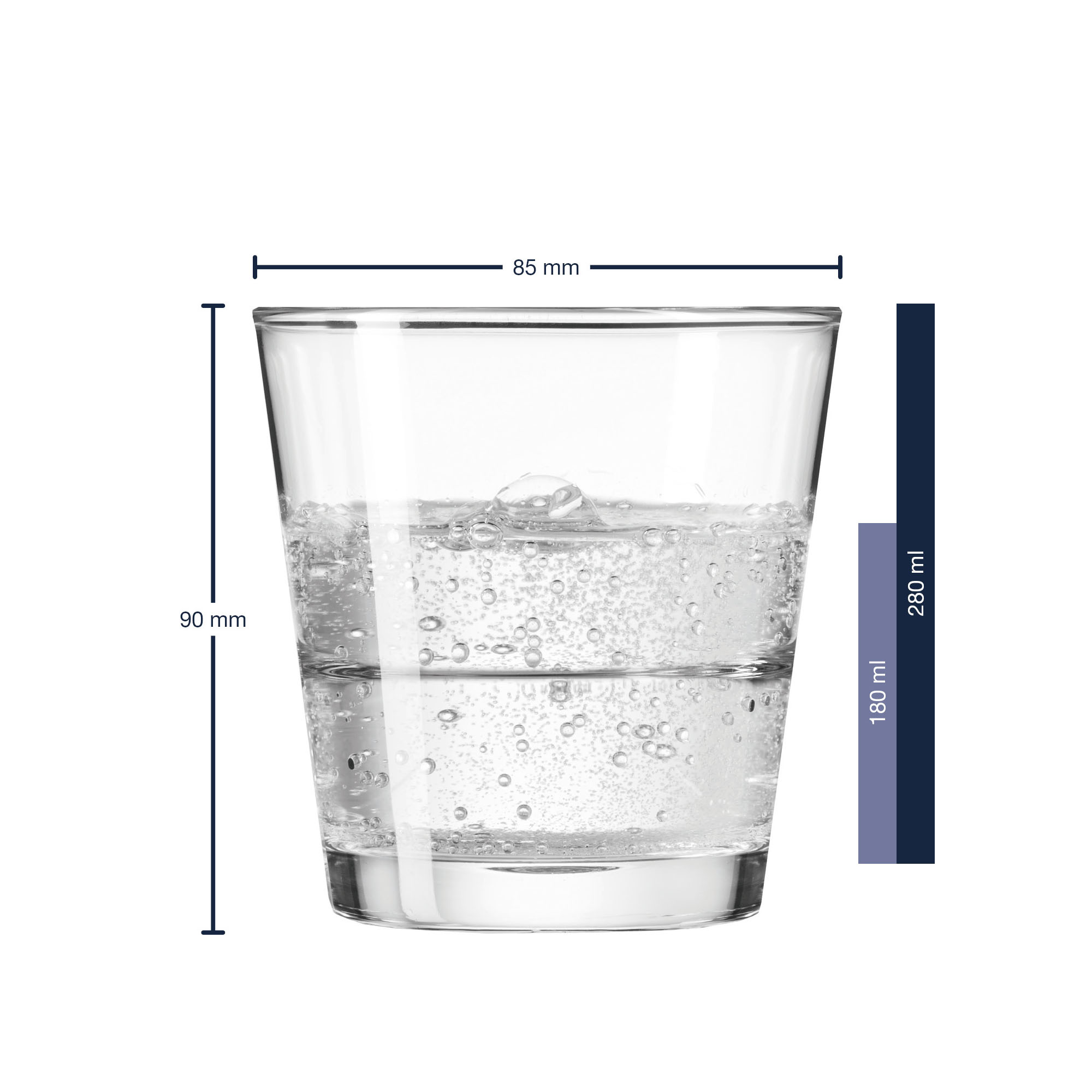 Nahaufnahme eines Trinkglases mit sprudelndem Wasser und Maßangaben 85 mm Durchmesser und 90 mm Höhe