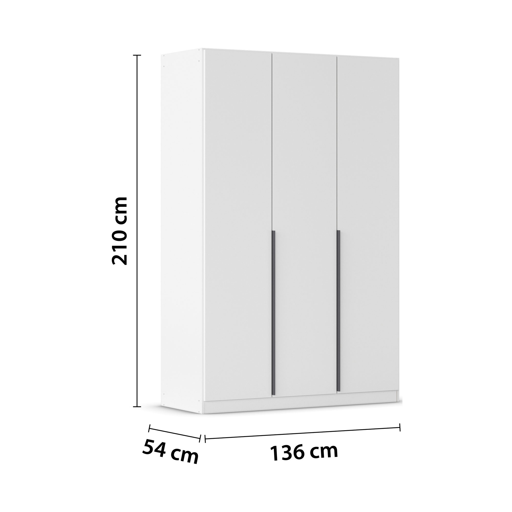 Weißer 3-türiger Kleiderschrank mit Maßangaben Breite 136 cm, Höhe 210 cm und Tiefe 54 cm