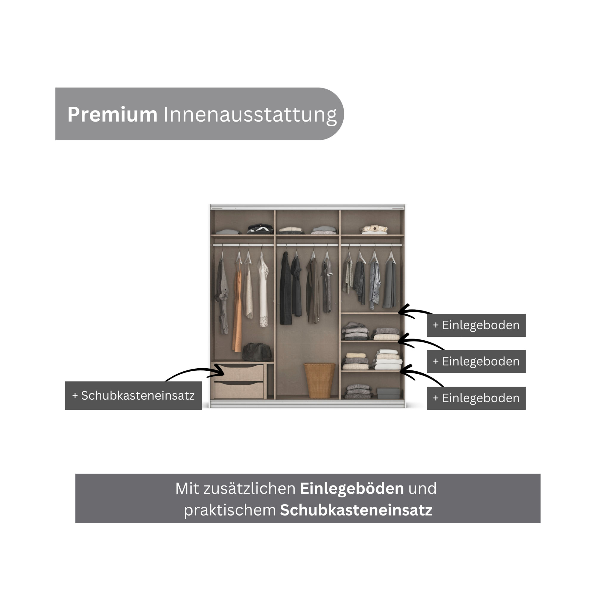 Innenansicht eines Kleiderschranks mit Einlegeböden, Kleiderstangen und integriertem Schubkasteneinsatz für zusätzlichen Stauraum