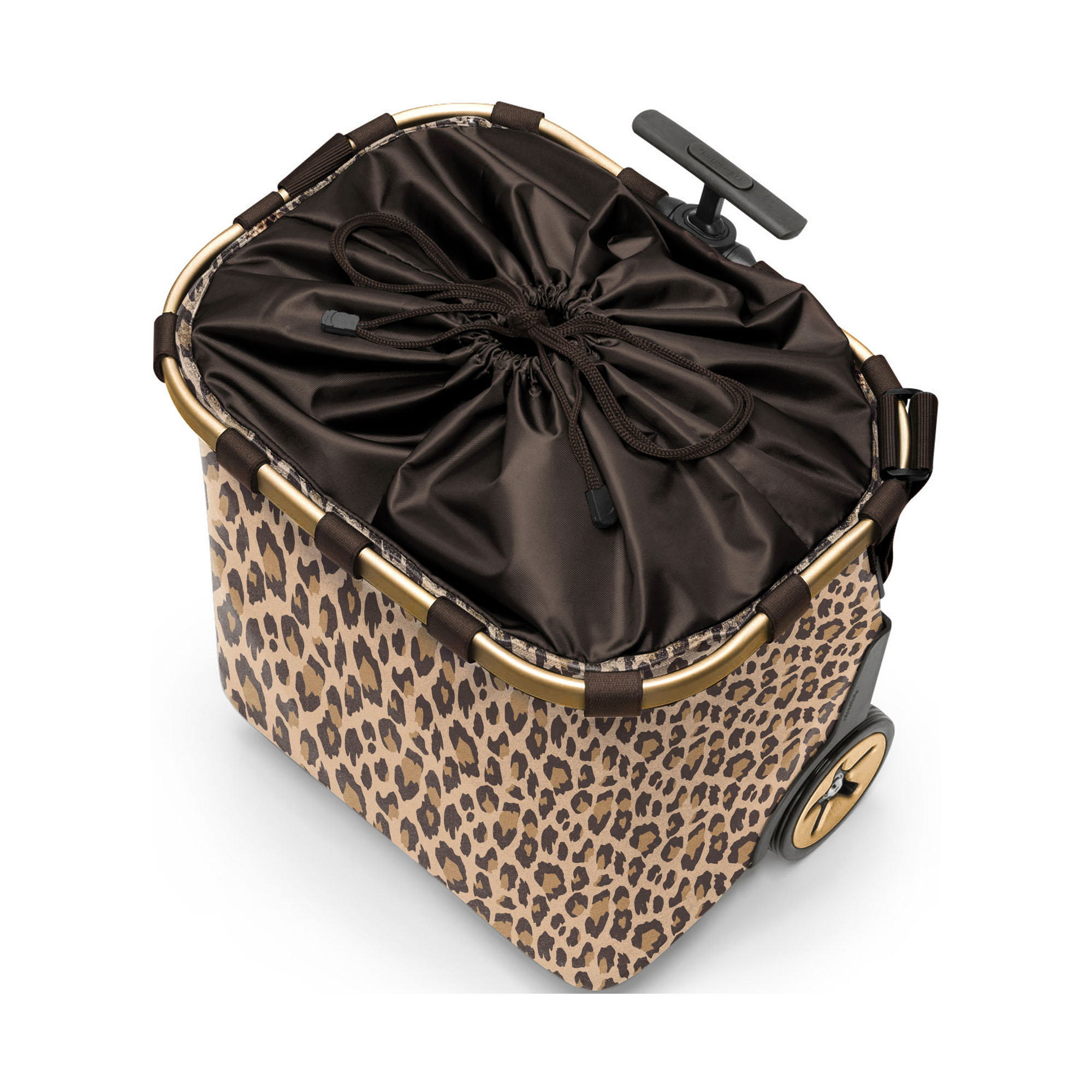 Einkaufstrolley von Reisenthel, Modell Carrycruiser, in Beige und Braun mit Leopardenmuster und braun-goldfarbenen Rahmendetails, von oben mit zusammengezogenem Innenbeutel.