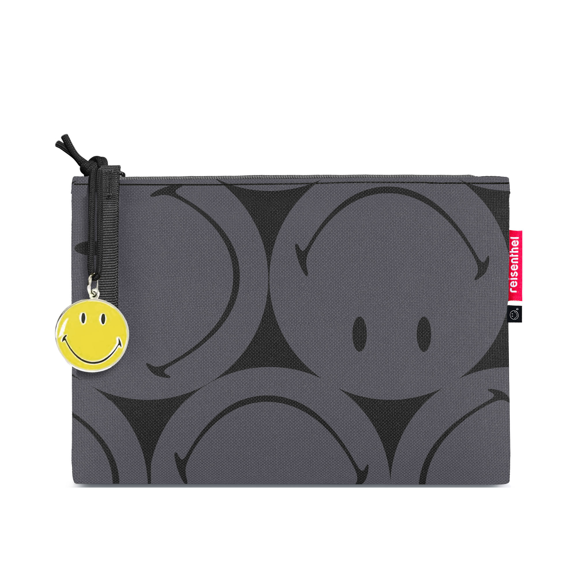 Reißverschlusstasche von Reisenthel, Modell Case 1, in Grau mit großflächigem Smiley-Muster, frontal mit Reißverschluss und gelbem Smiley-Anhänger.