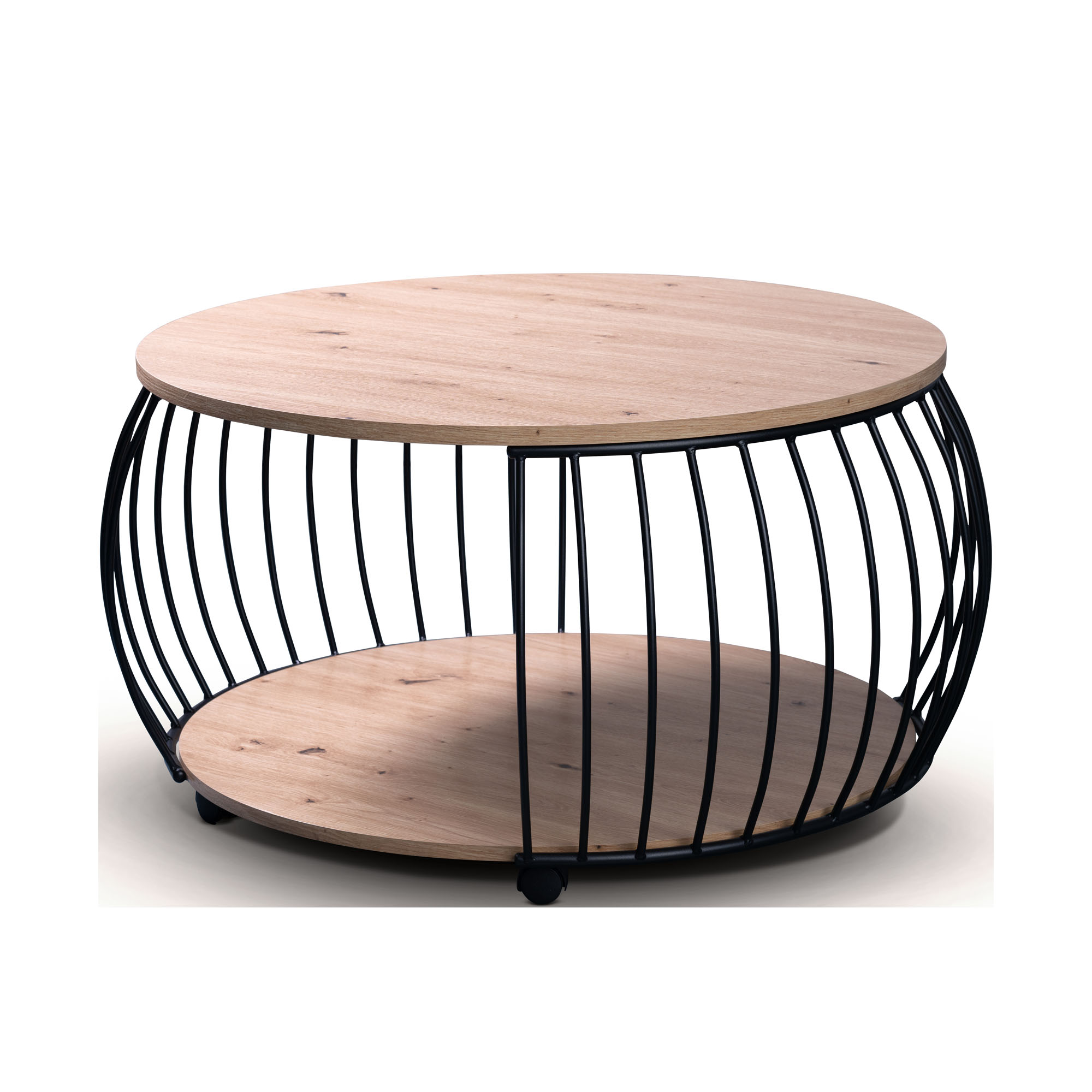 Runder Couchtisch mit zwei Holzplatten und schwarzem, bauchigem Metallgestell auf kleinen Rollen