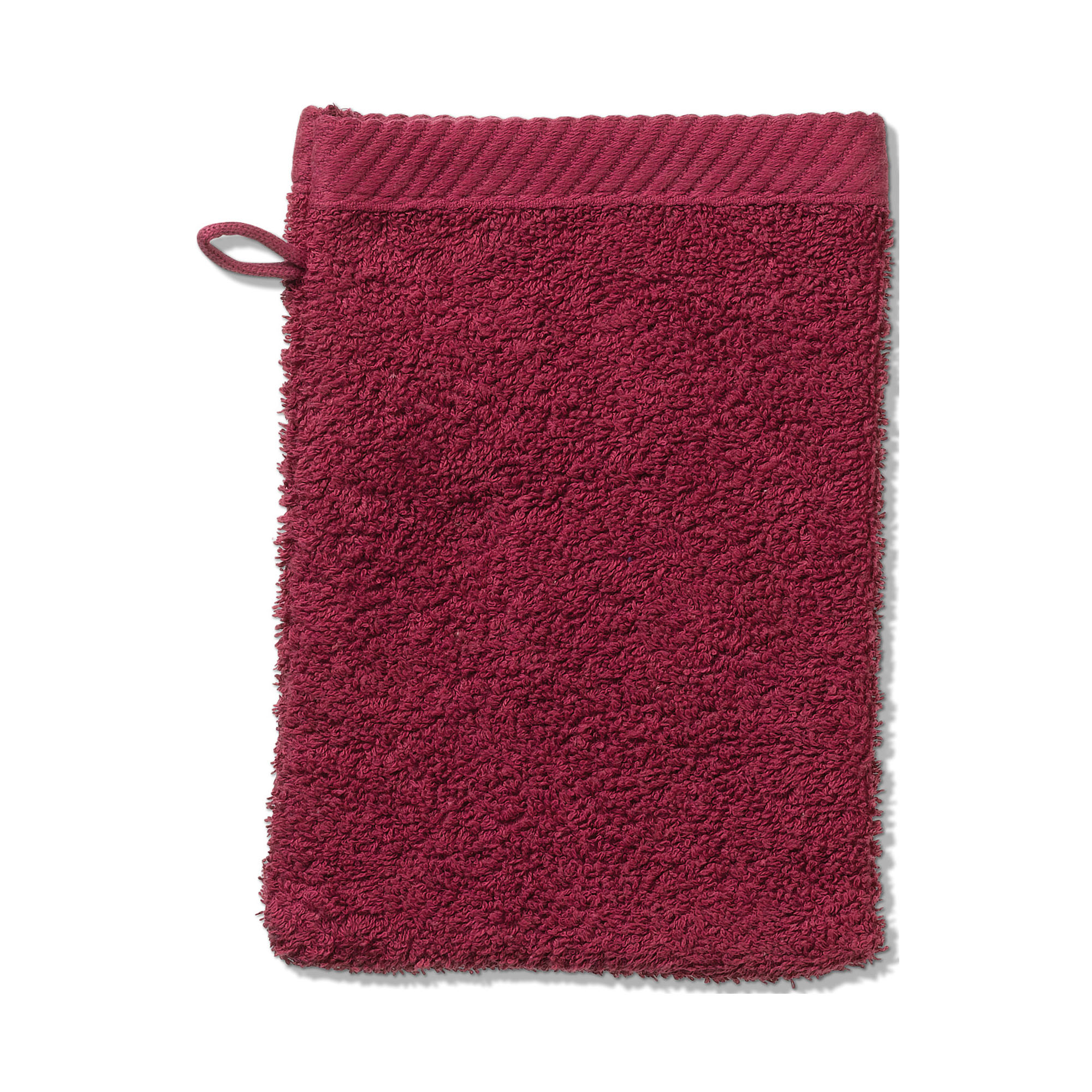 Roter Waschhandschuh mit strukturierter Oberfläche und kleiner Aufhängeschlaufe