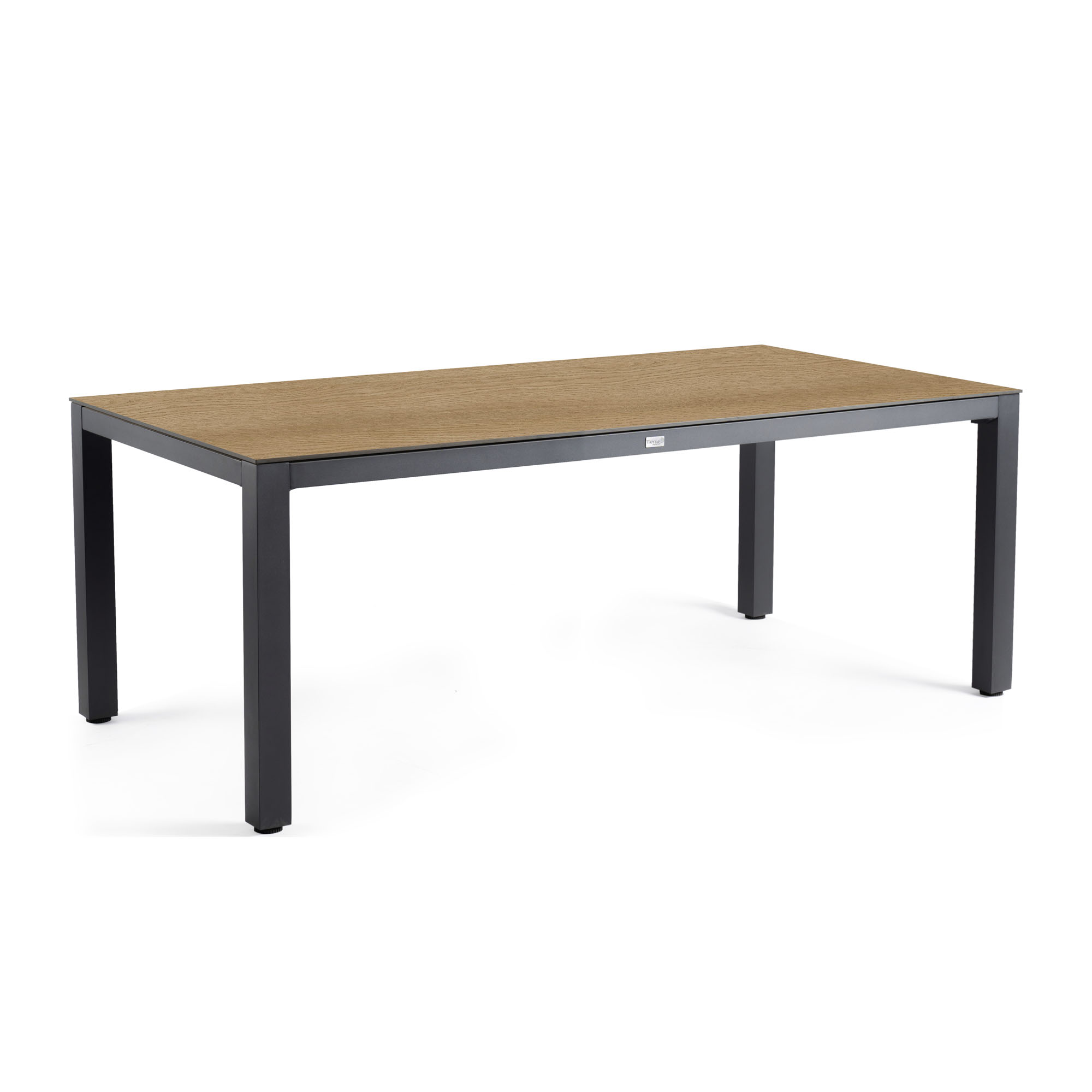 Rechteckiger Tisch mit einer naturfarbenen Holzoptik-Tischplatte und stabilen, eckigen Beinen aus schwarzem Metall. Der Tisch wirkt modern, schlicht und eignet sich für Ess- oder Arbeitsbereiche.