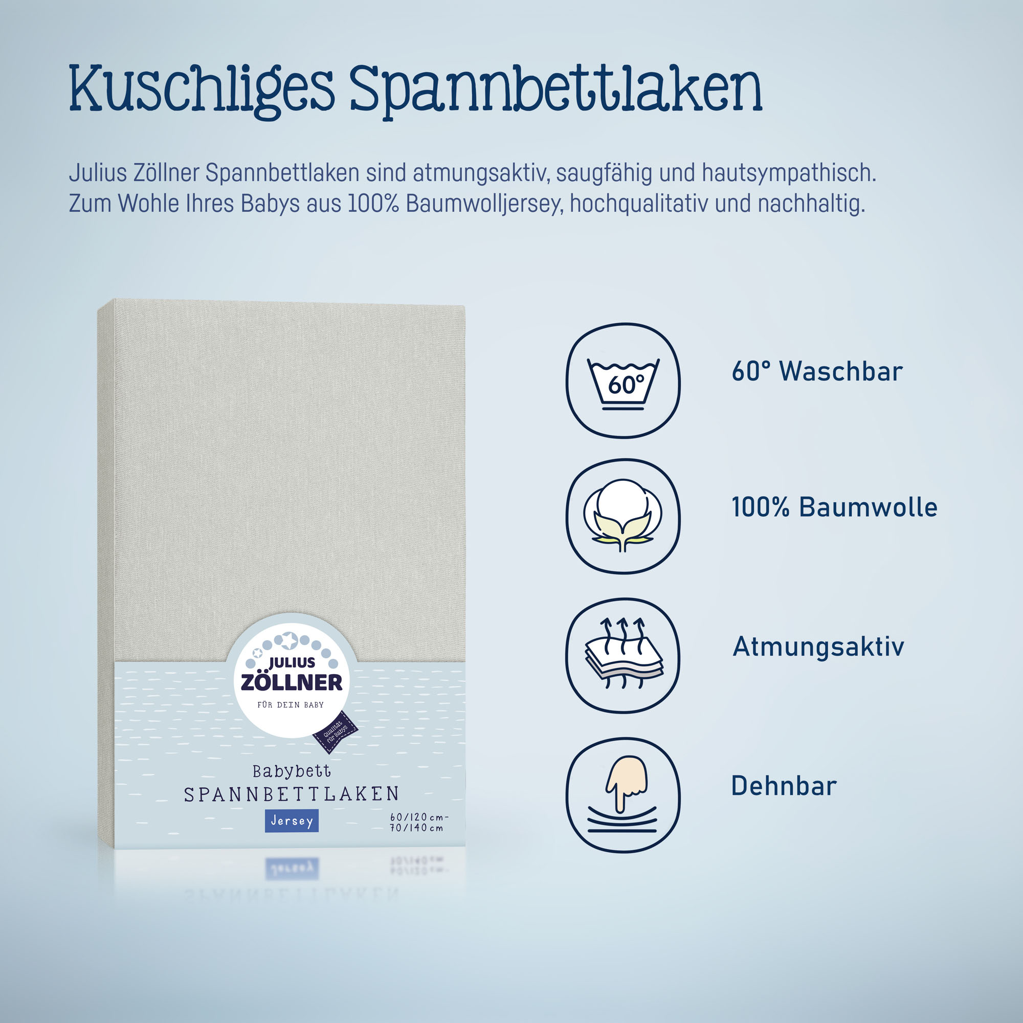Verpacktes graues Julius Zöllner Spannbettlaken mit grafischen Symbolen zu 60° Waschbarkeit, 100 % Baumwolle, Atmungsaktivität und Dehnbarkeit