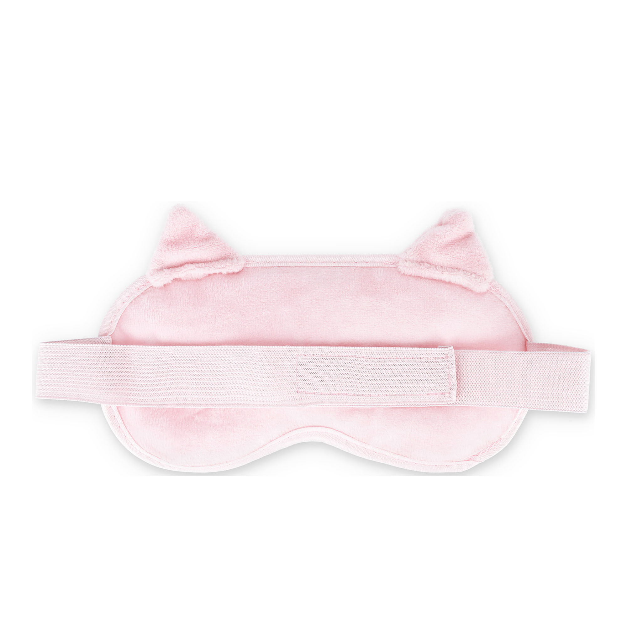 Rosa Gel-Augenmaske im Katzen-Design, flach von hinten mit querliegendem Halteband dargestellt.