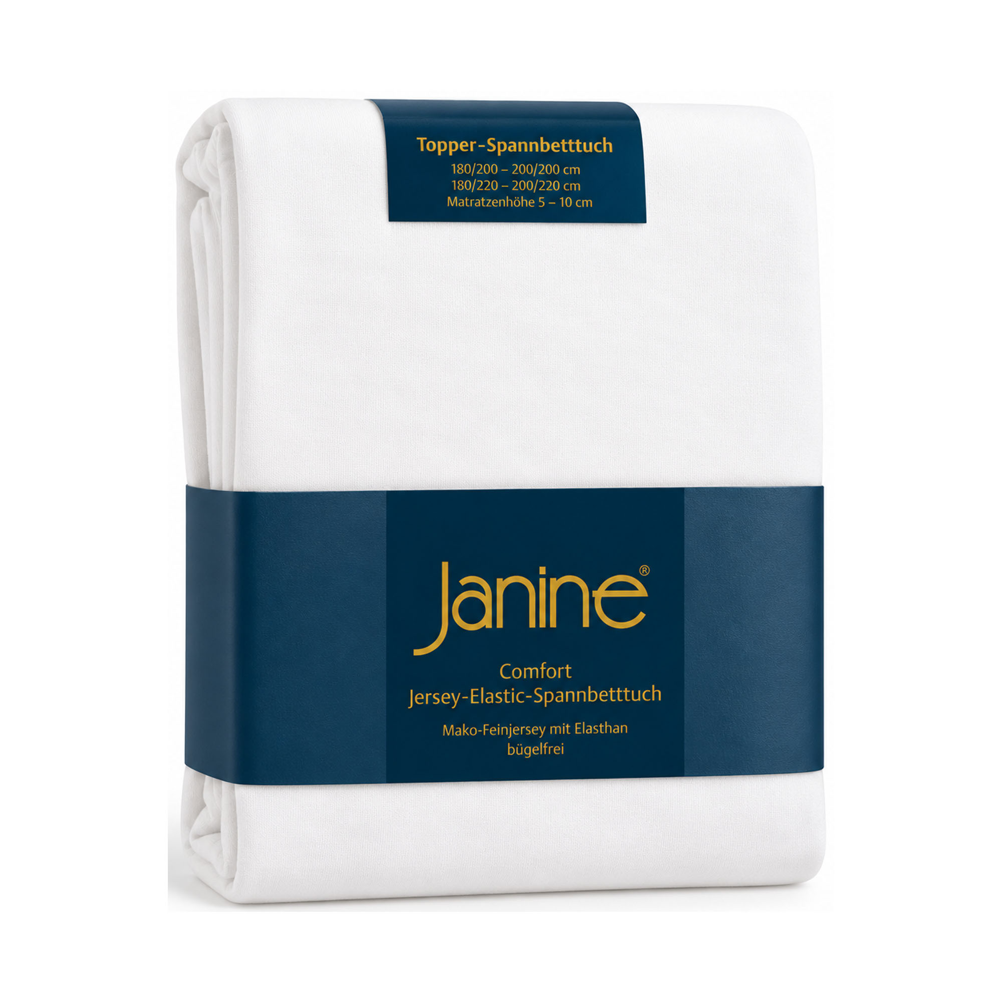 Gefaltetes Janine Topper-Spannbetttuch 5001 in Weiß mit dunkelblauer Banderole und Janine-Schriftzug auf weißem Hintergrund.
