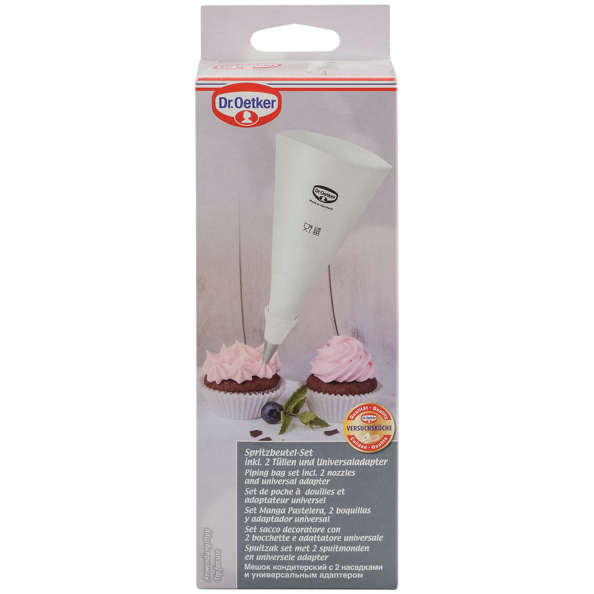 Verpackung Spritzbeutel Set mit Abbildung von dekorierten Cupcakes
