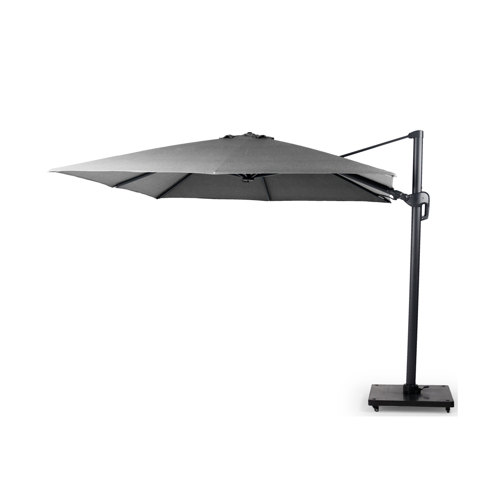 Sonnenschirm mit Gestell in Charcoal-Farbe und Schirm in Light Grey, aufgespannt, inklusive Sockel
