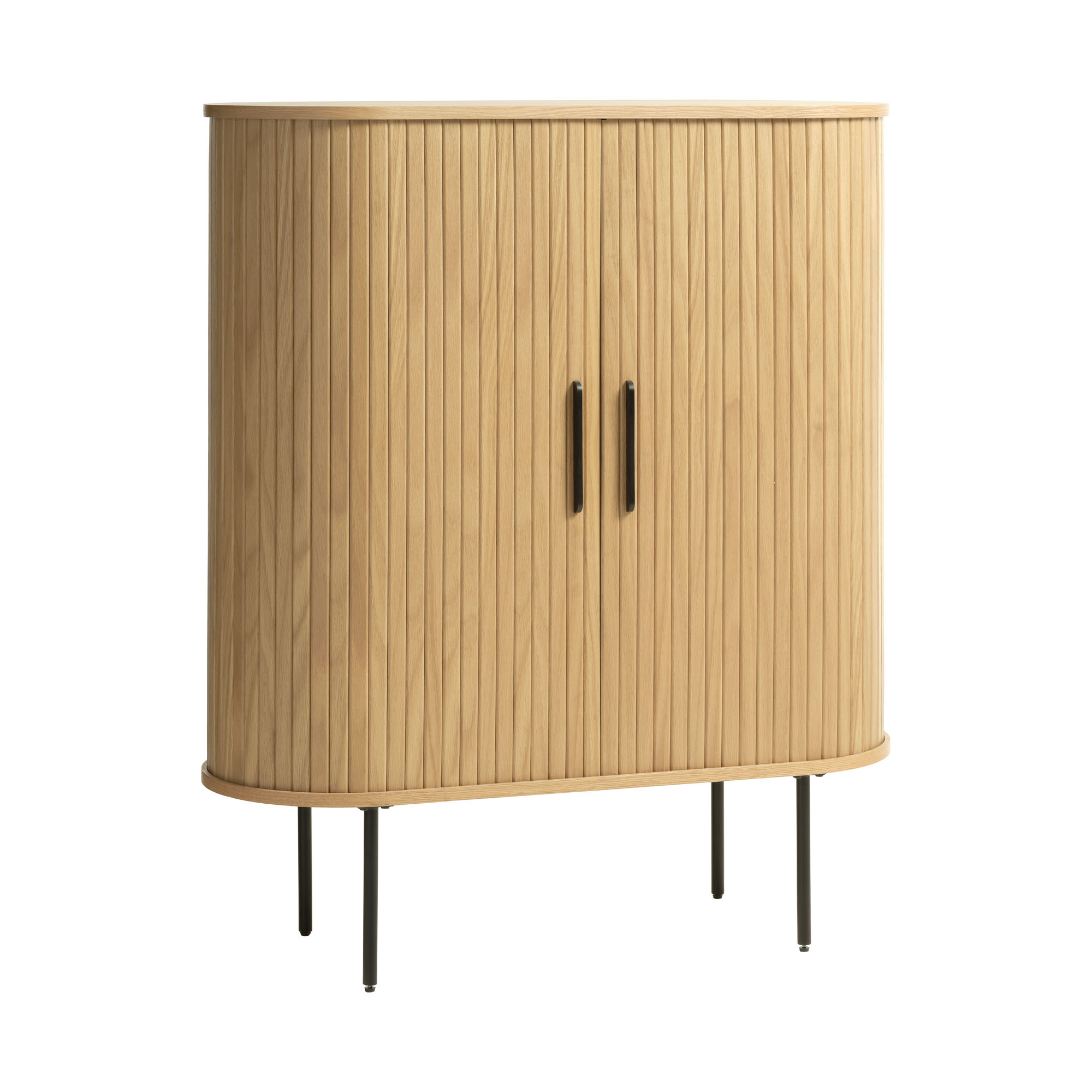 Moderner Schrank aus hellem Holz mit schwarzen Griffen und Metallbeinen seitlich fotografiert