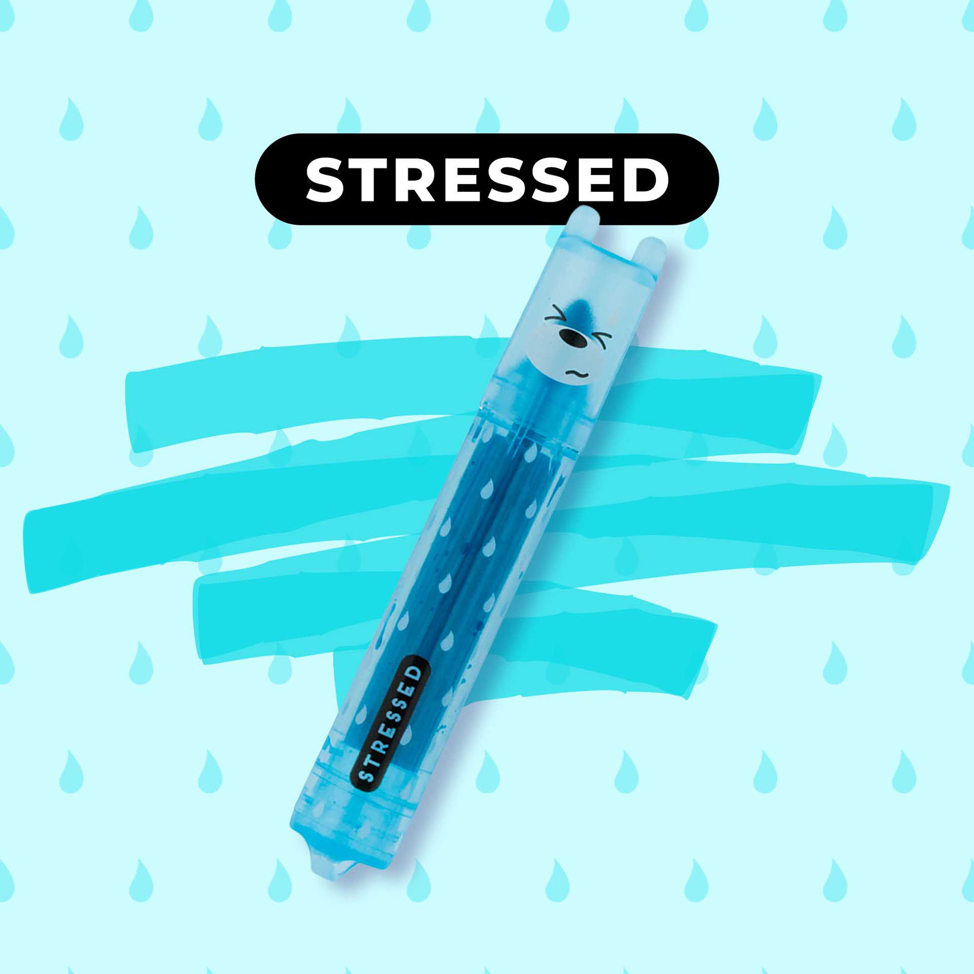 Sechs Mini-Textmarker mit farbigen Stimmungsbegriffen, mit dem blauen Textmarker vor blauen Farbstreifen und der Aufschrift „Stressed“ gezeigt.