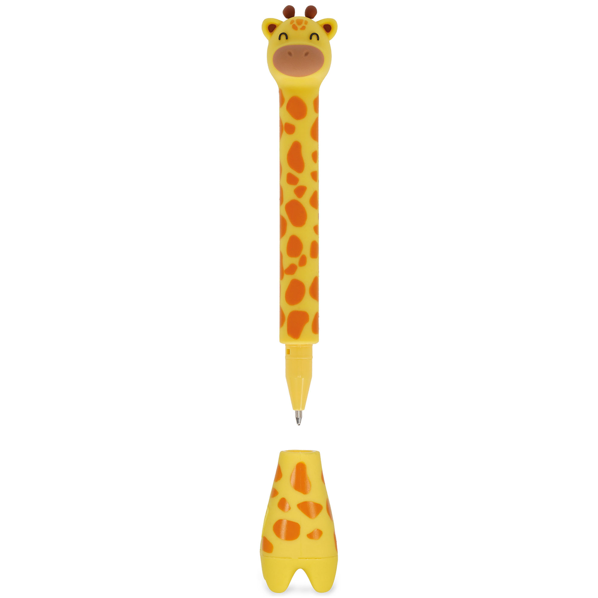 Gelber Kugelschreiber mit Giraffen-Standfuß, mit getrenntem Stift über dem Tier-Standfuß dargestellt.