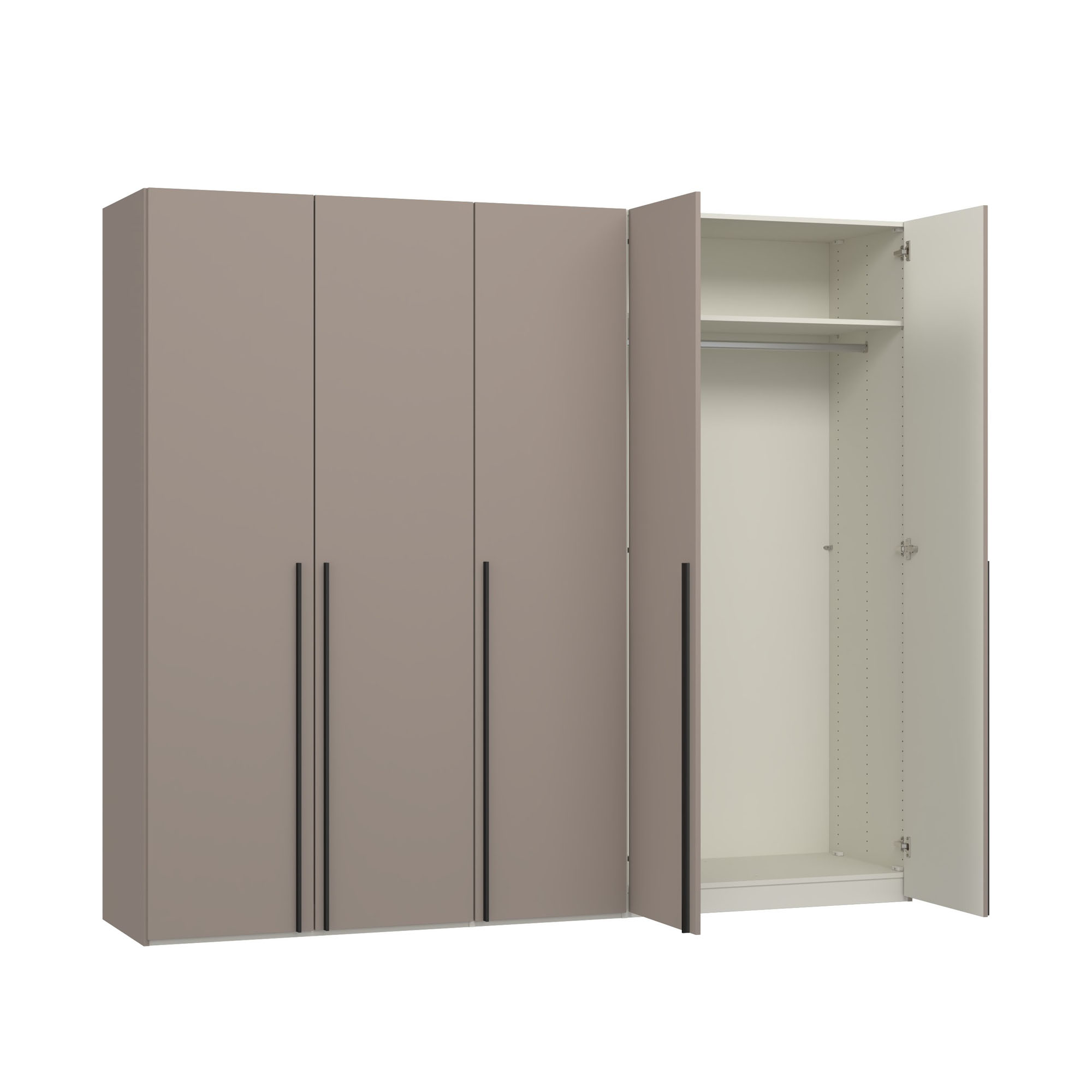Fünftüriger Kleiderschrank mit rechts geöffneter Tür und sichtbarem Innenraum mit Stauraumaufteilung