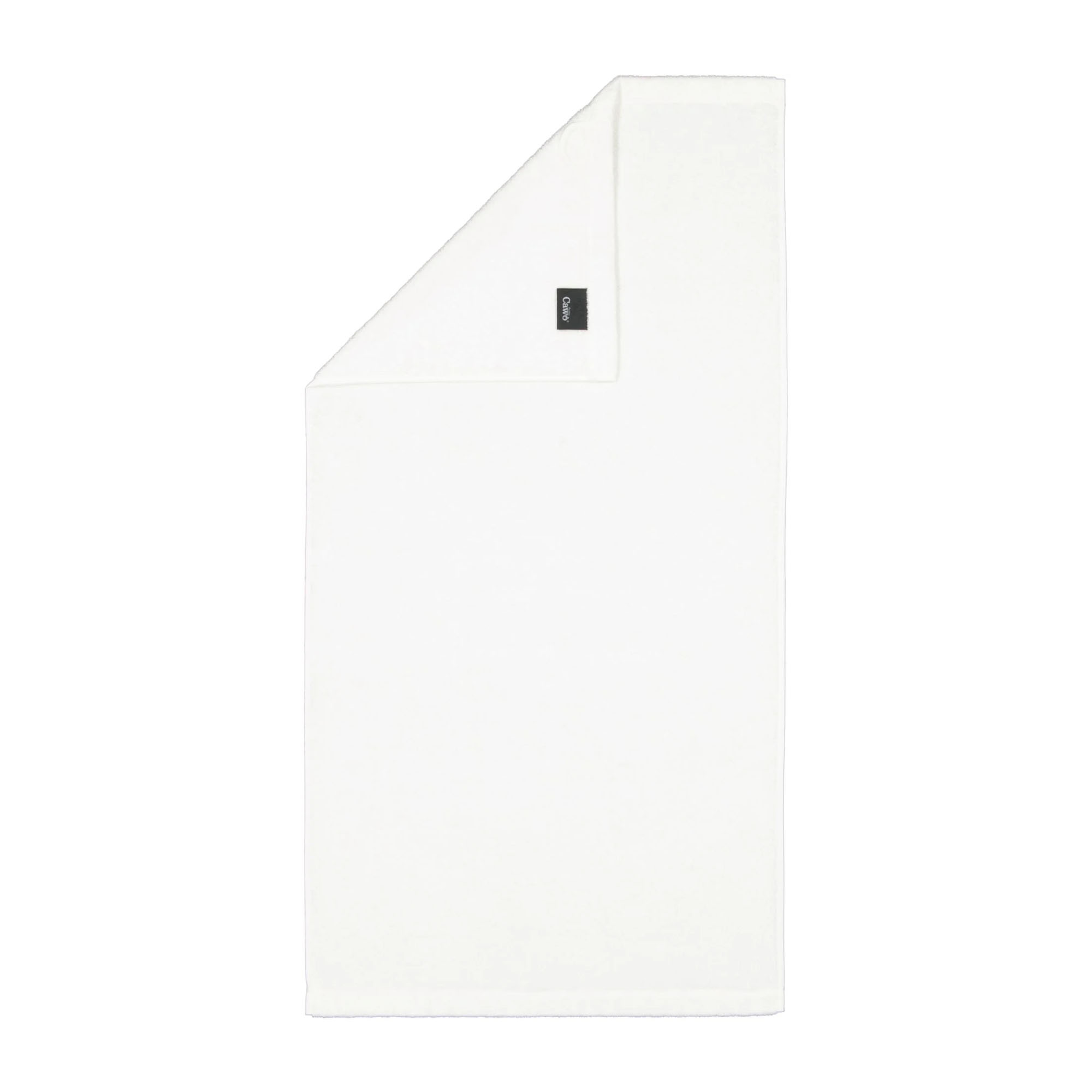 Handtuch in der Farbe Weiß mit umgeschlagener Ecke; Rückseite, Saum und kleines Textiletikett sind auf weißem Hintergrund sichtbar.