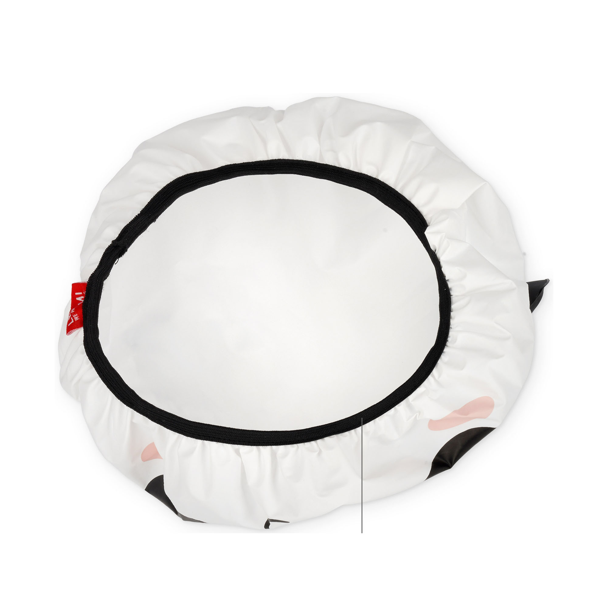 Weiße Duschhaube im Panda-Design, von innen mit Futter und umlaufendem Gummizug dargestellt.