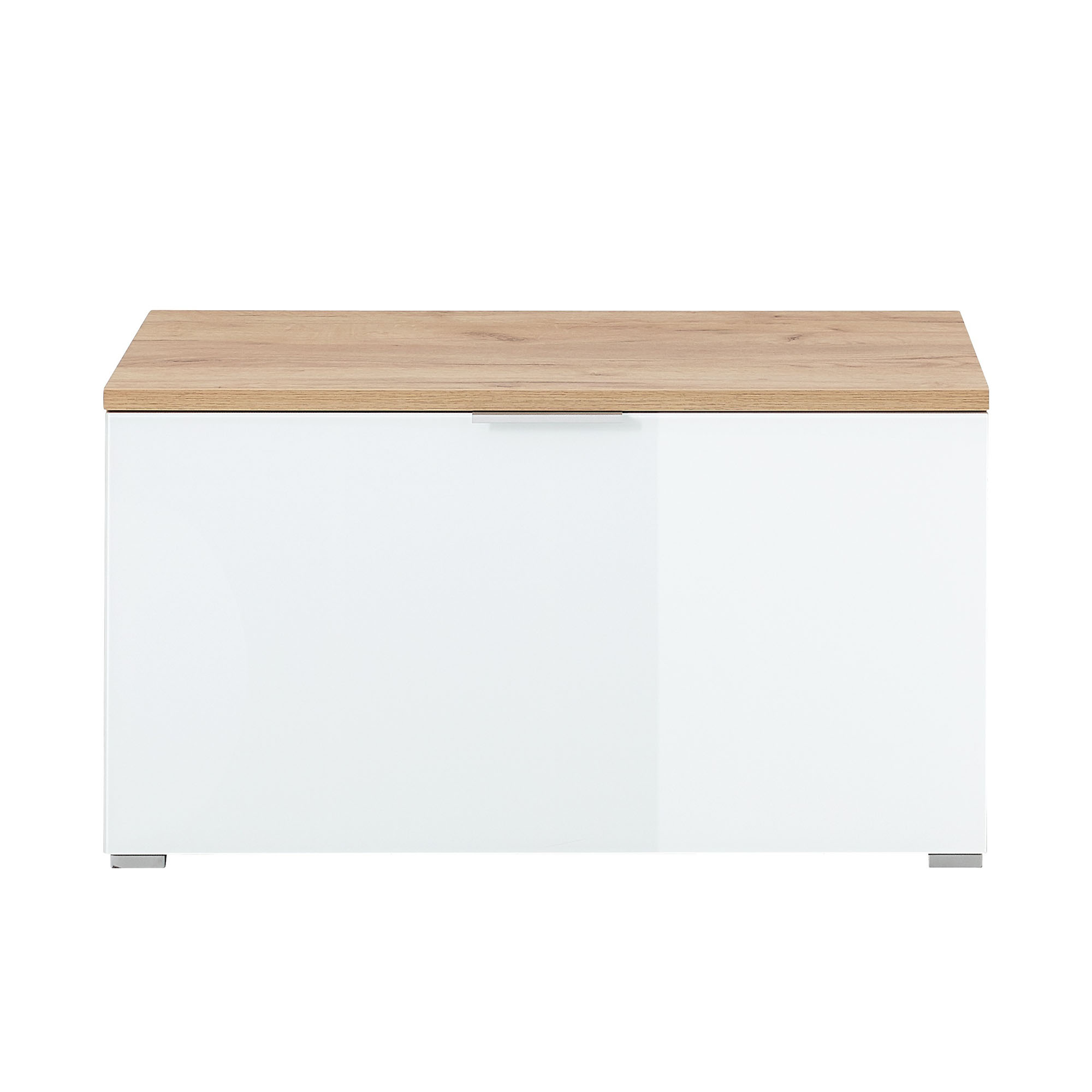 Sitzbank mit weißer Front und Holzplatte frontal aufgenommen