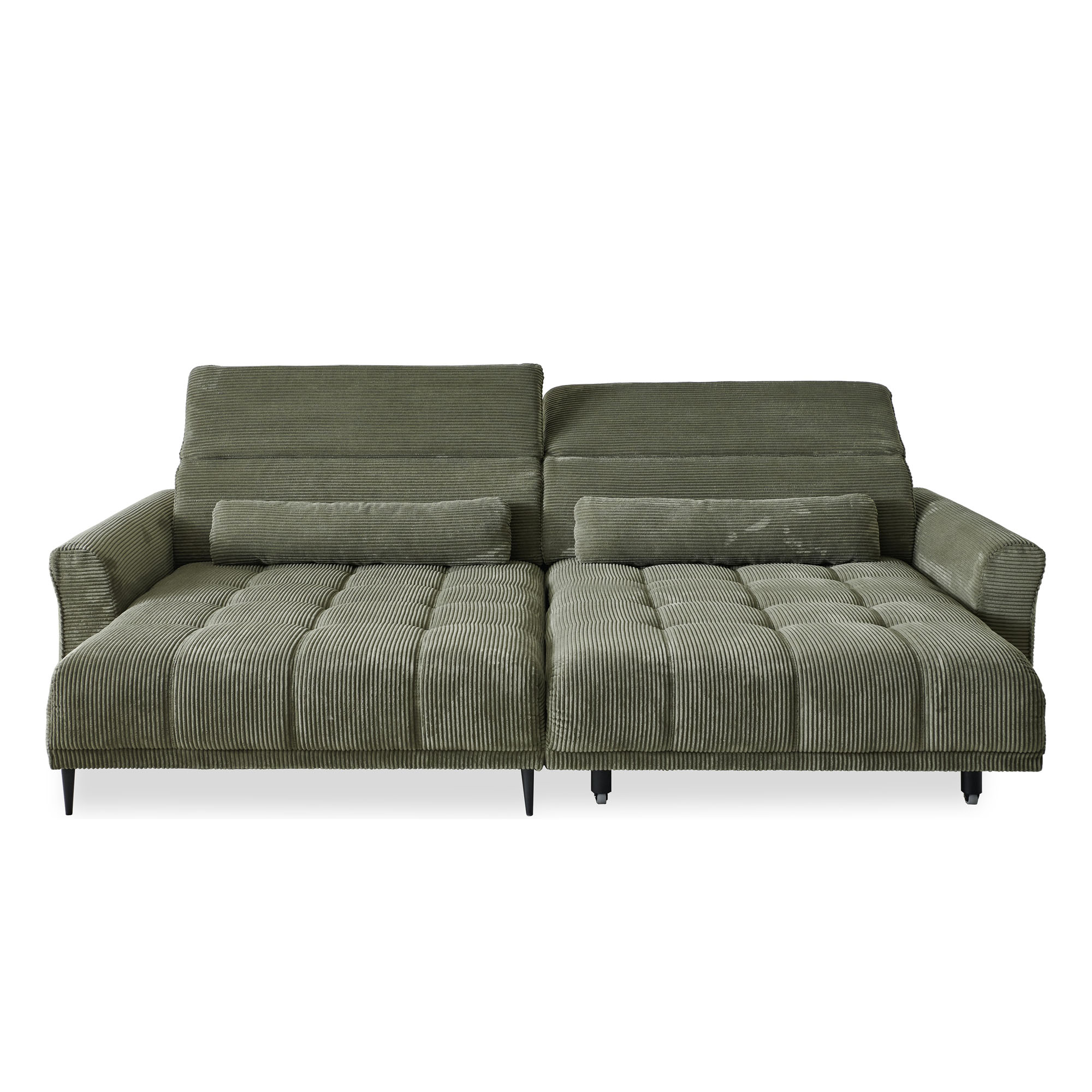 Großes Sofa in grünem Cordstoff mit strukturierter Oberfläche und weicher Polsterung.