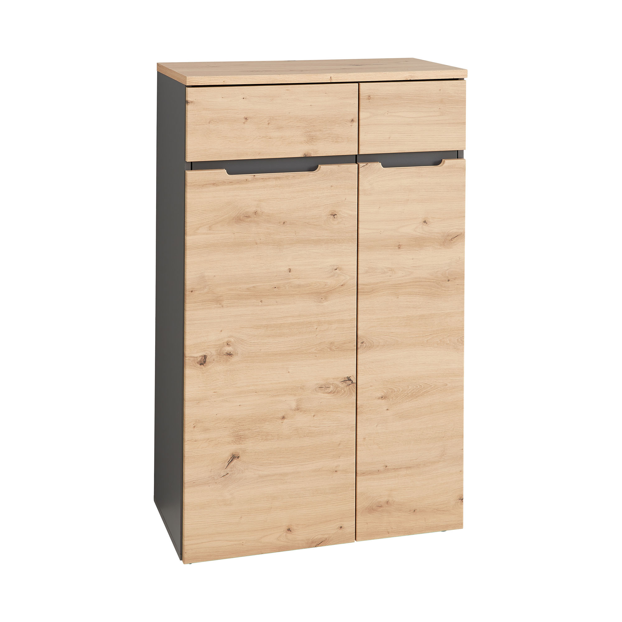 Kommode mit dunklem Korpus, zwei oberen Schubladen und zwei unteren Türen in heller Holzoptik