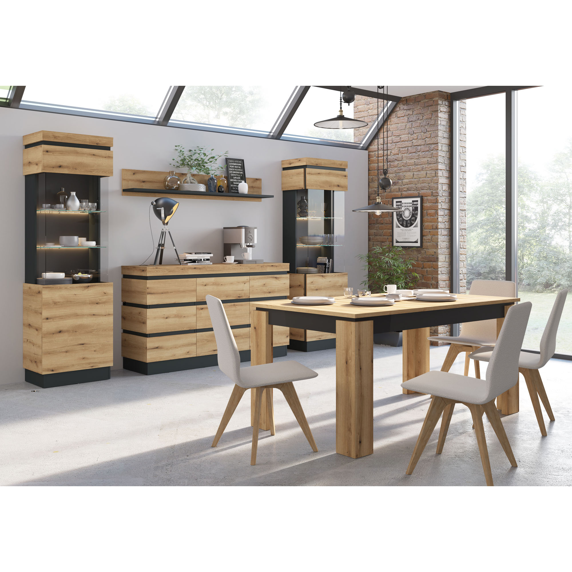 Moderne Esszimmereinrichtung Coast mit Kommode, Vitrinen, Wandboard und Esstisch in Evoke Eiche mit Kosmos Grau