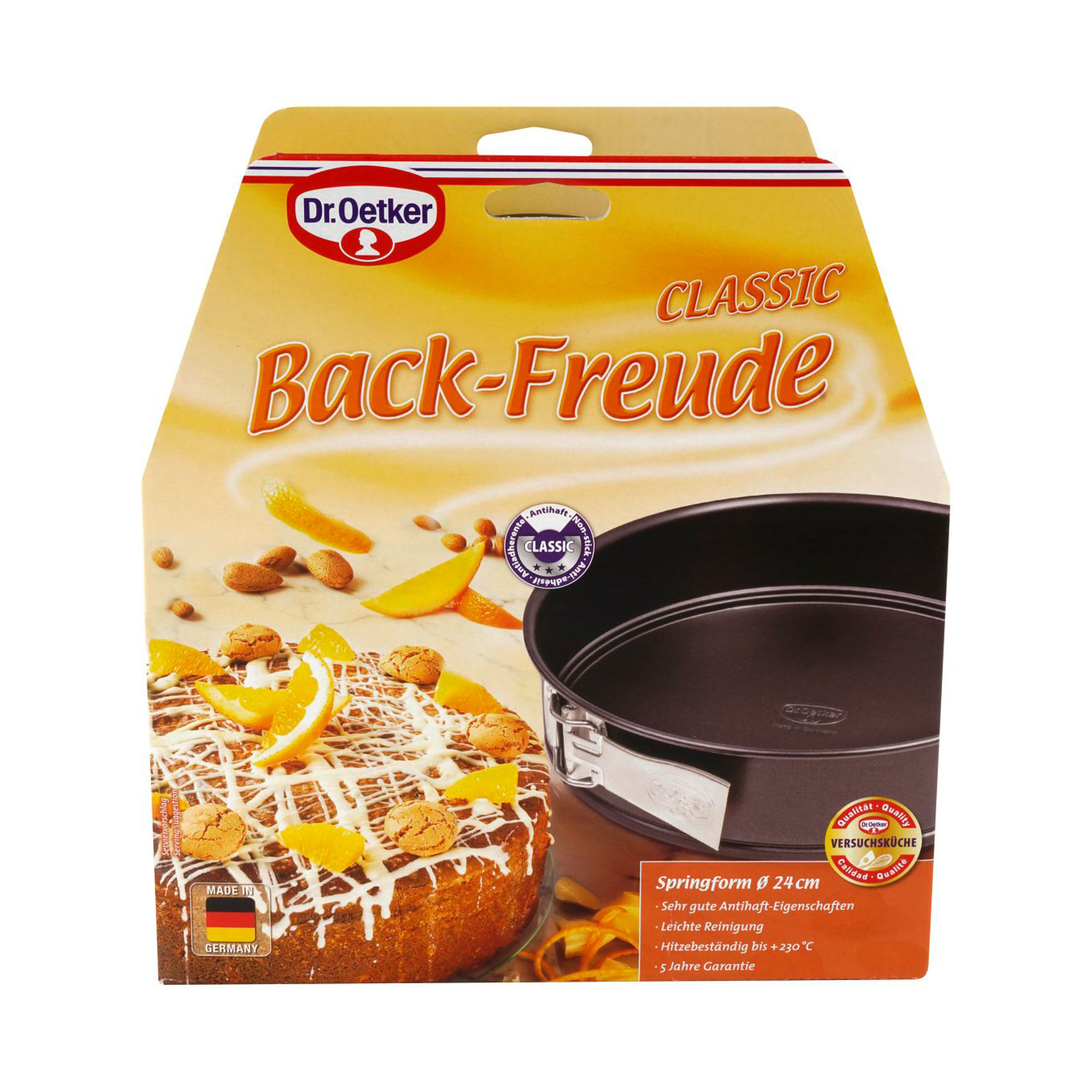 Verpackung der Springform 24 cm mit Kuchenabbildung und Back Freude Design