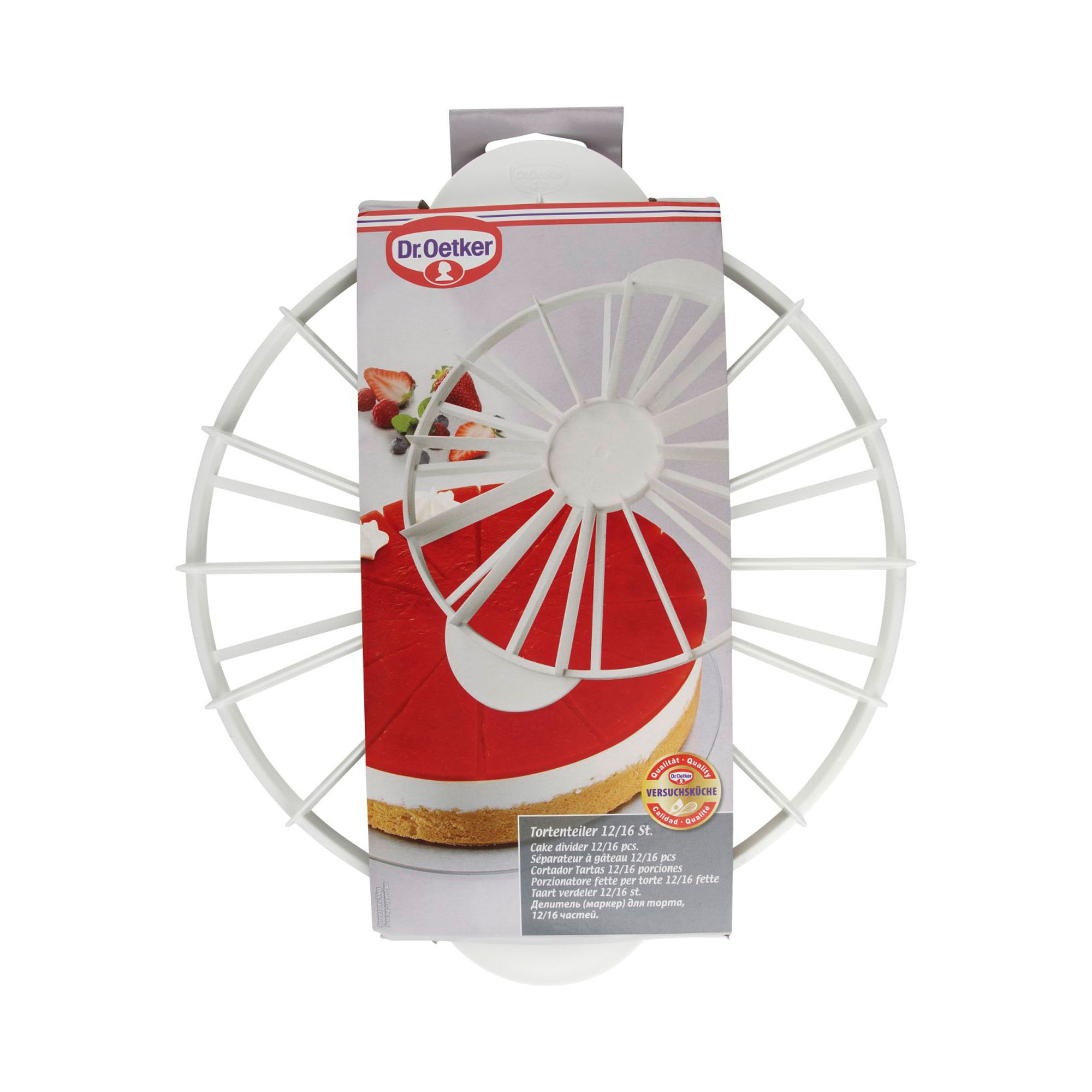 Tortenteiler mit Verpackung und Abbildung eines geschnittenen Kuchens