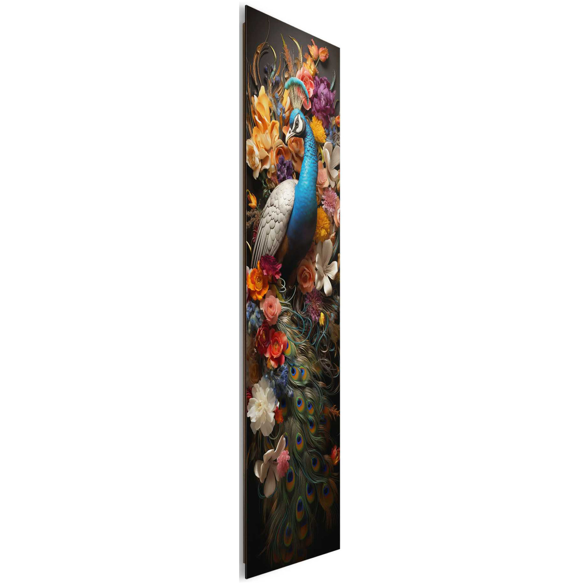 Seitliche Schrägansicht des Wandbilds „Colourful Peacock“, 30 × 90 cm; Profil, Kante und Tiefe des Bildes sind erkennbar.