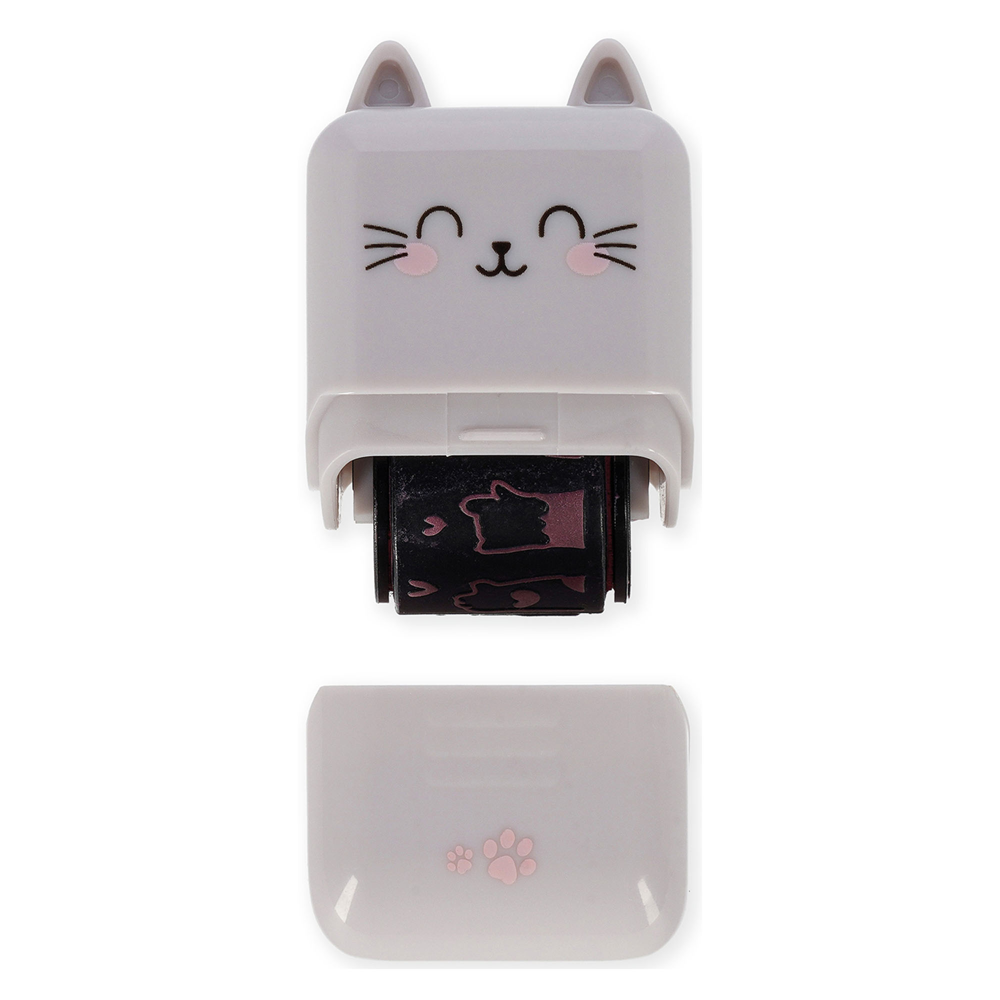 Grauer Deko-Rollstempel im Katzen-Design, mit abgenommener Kappe und sichtbarer Stempelwalze dargestellt.