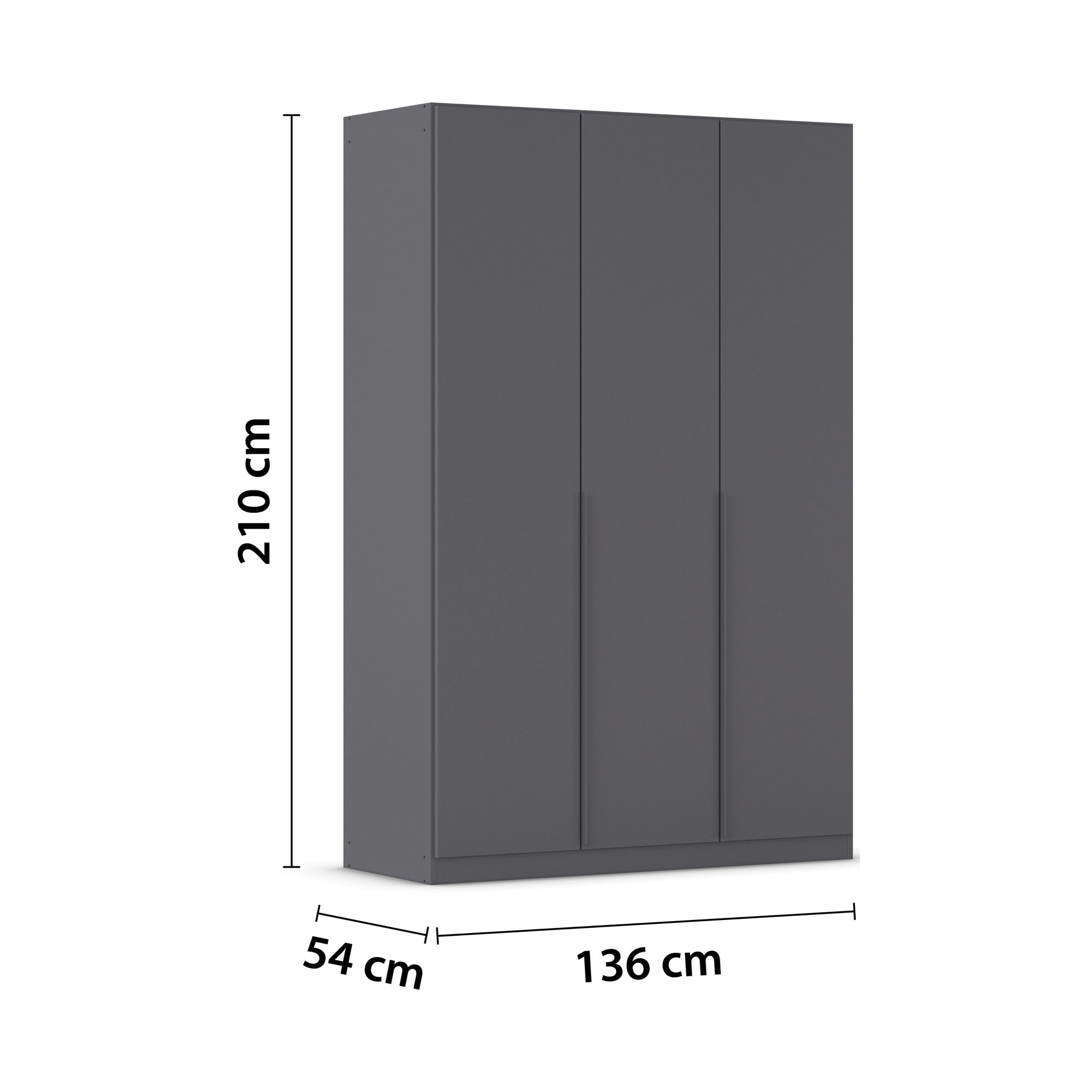 Grau-Metallicer 3-türiger Kleiderschrank mit Maßangaben Breite 136 cm, Höhe 210 cm und Tiefe 54 cm