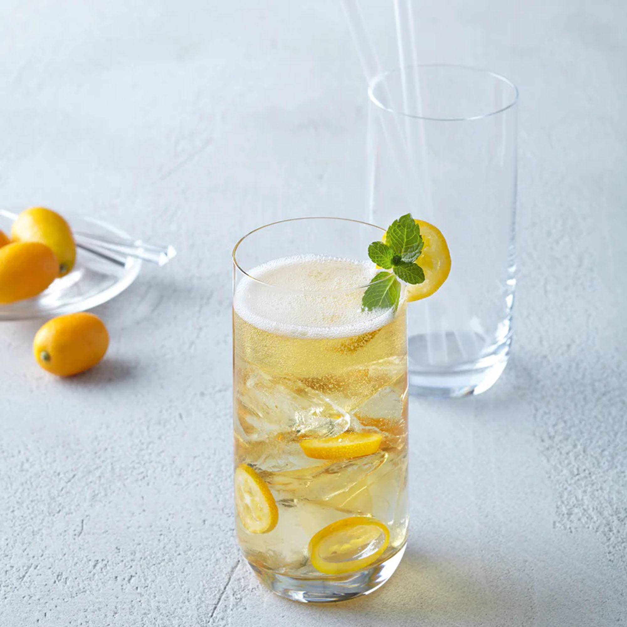 Longdrinkglas mit hellem Getränk Eiswürfeln Zitronenscheiben und Minze daneben weiteres leeres Glas