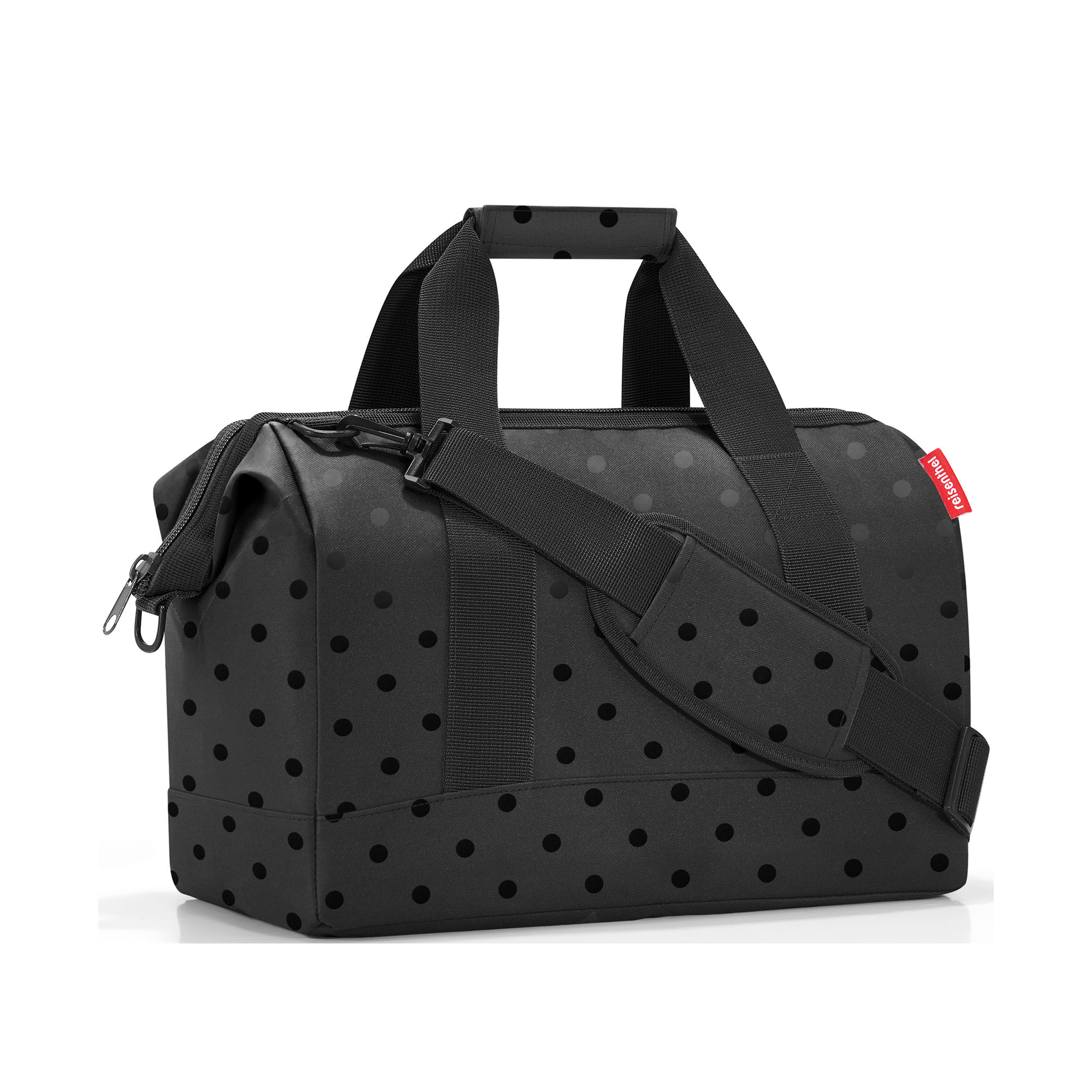 Schwarze Reisenthel Allrounder Tasche mit Punkten und Schultergurt