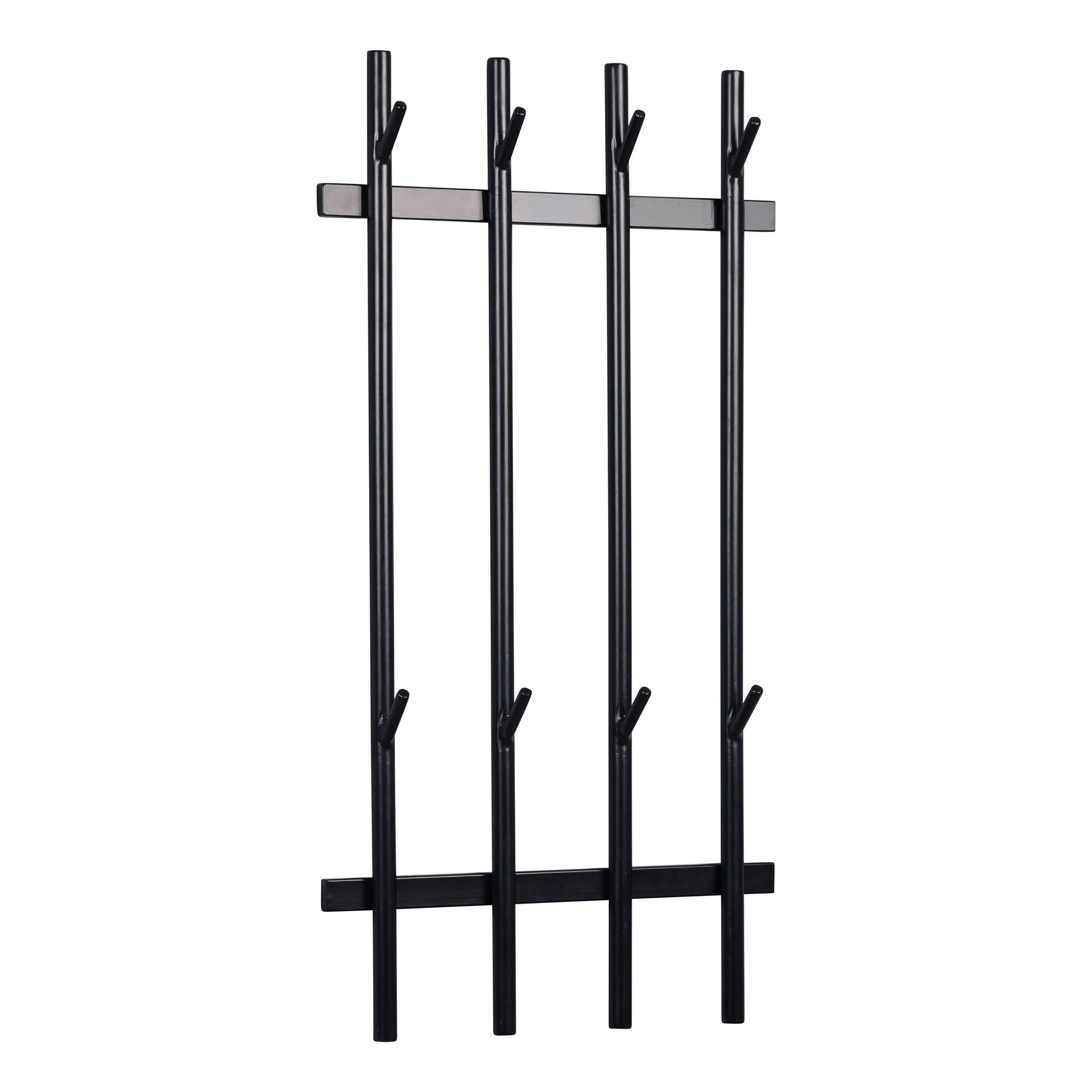 Schwarze Metallgarderobe mit vier senkrechten Stangen und jeweils zwei Haken pro Stange