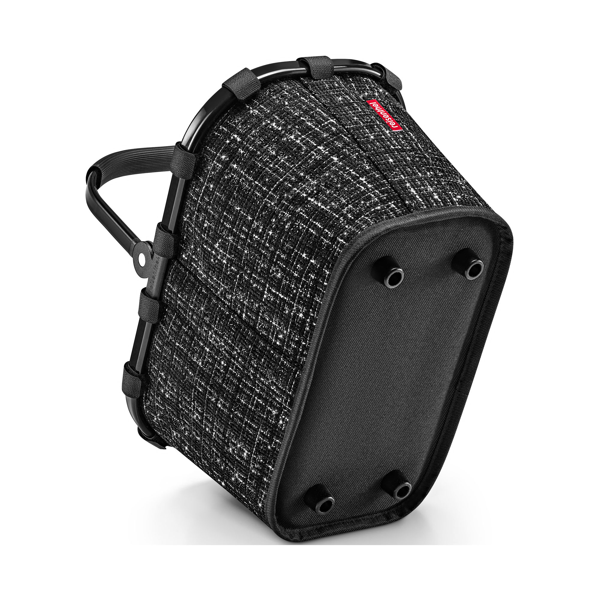 Kleiner Einkaufskorb von Reisenthel, Modell Carrybag XS, in Schwarz mit Bouclé-Struktur, schräg von unten mit sichtbaren Standfüßen