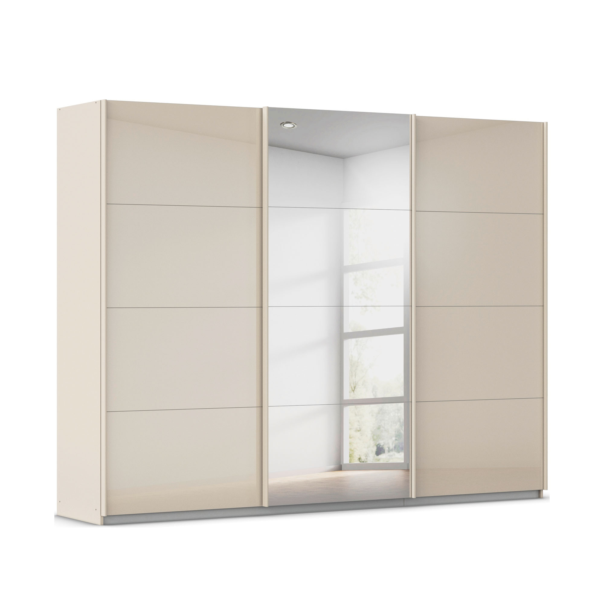 Moderner Schwebetürenschrank mit Glas-Außentüren und mittiger Spiegeltür in champagner