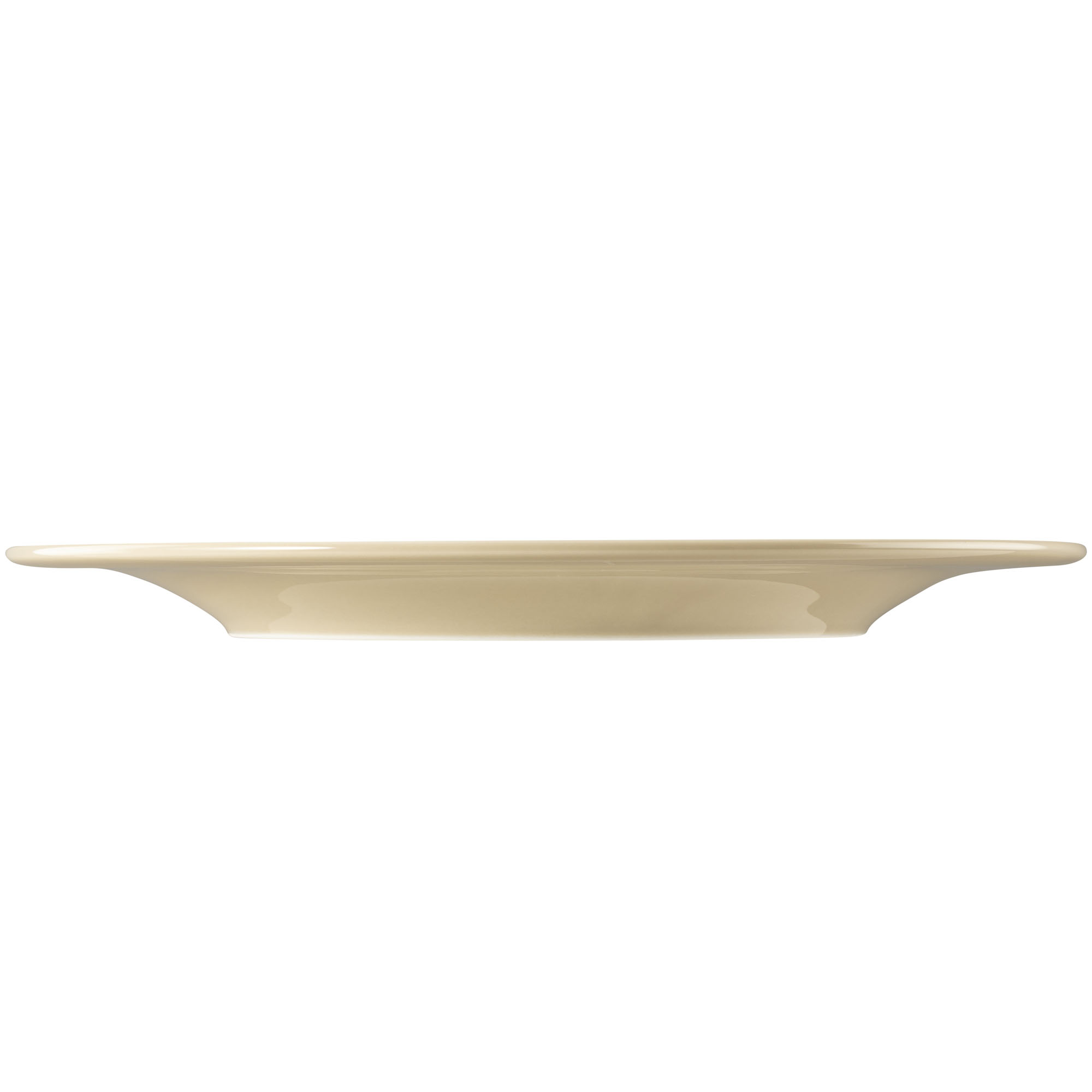 Teller in Sandbeige. Sichtbare Merkmale: rund, flach und fein geriffelt. Darstellung: Seitenprofil.