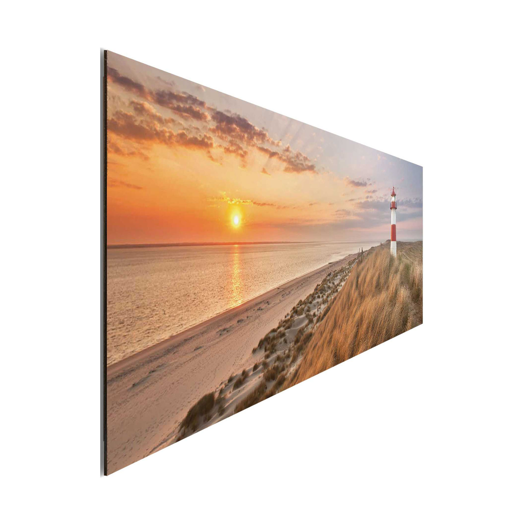 Seitliche Schrägansicht des Wandbilds „Lighthouse Sunset“, 30 × 90 cm; Profil, Kante und Tiefe des Bildes sind erkennbar.