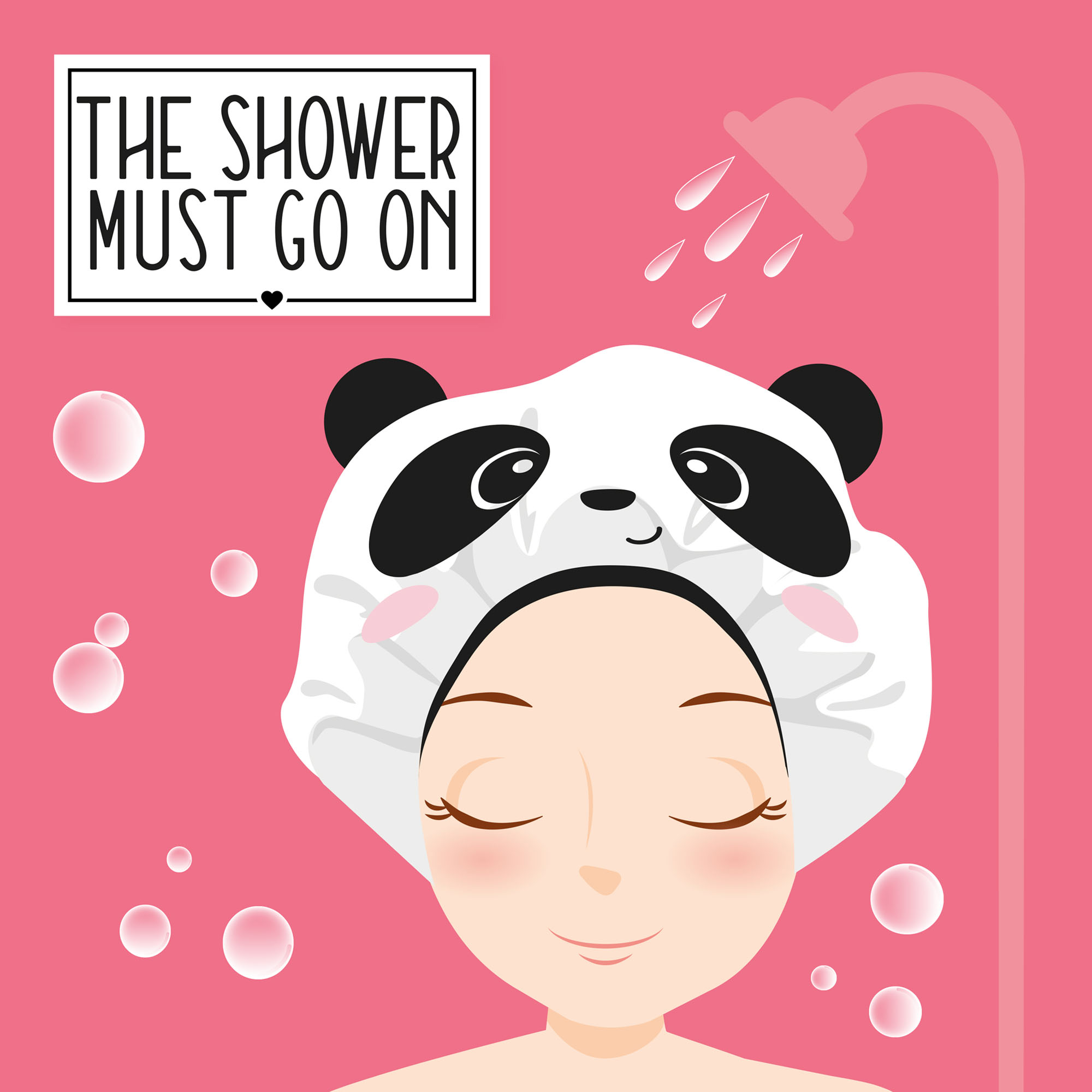 Weiße Duschhaube im Panda-Design, in einer Illustration auf dem Kopf einer Person gezeigt.