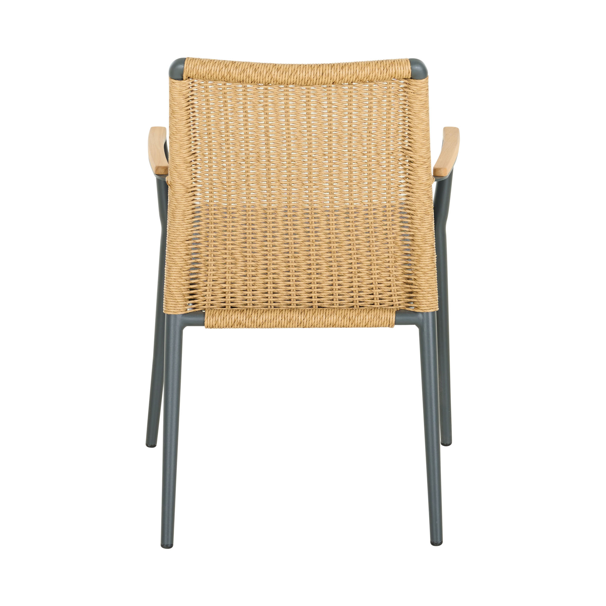 Rückansicht des Gartenstuhls mit eng geflochtenem Polyrattan-Rücken in Naturfarbe