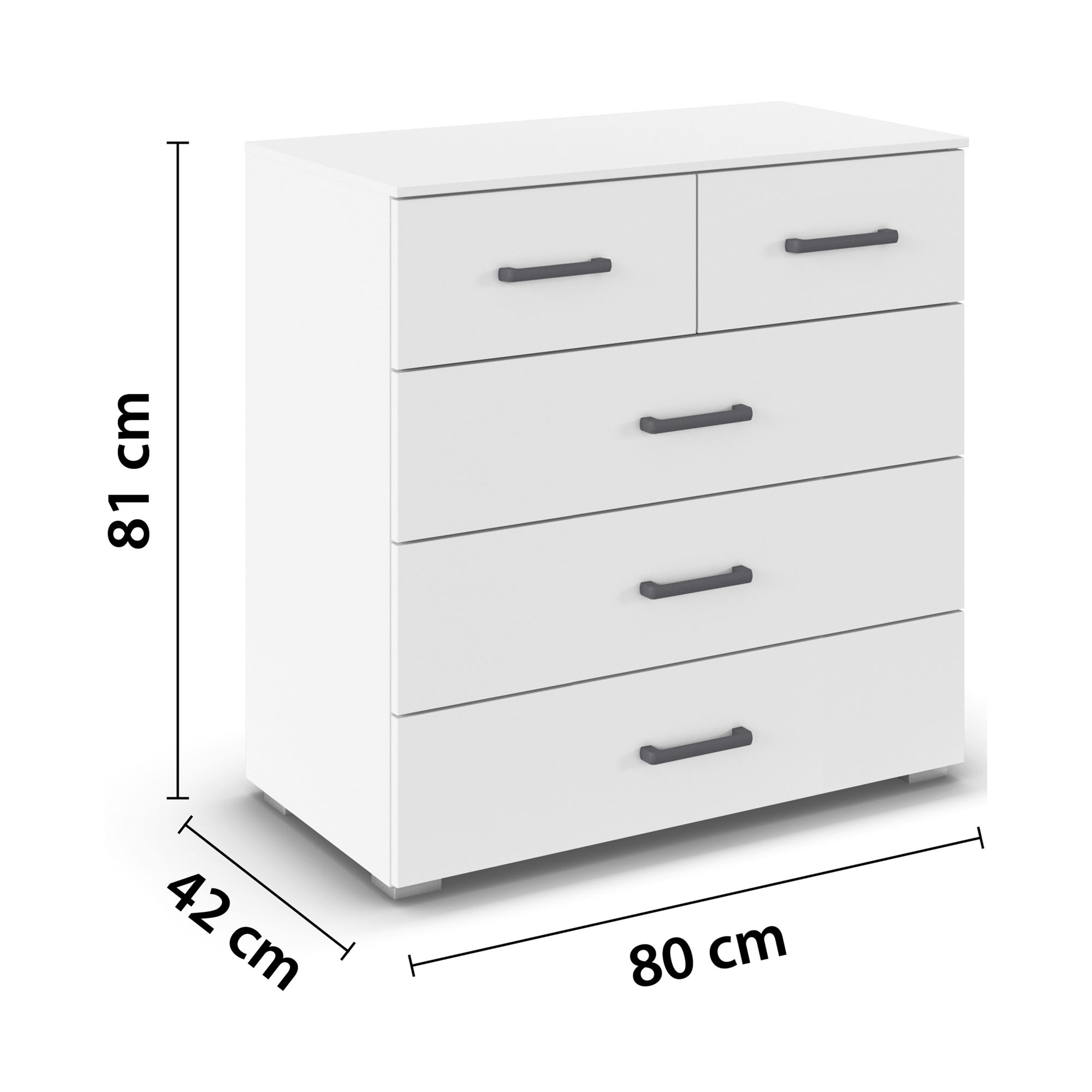Weiße Kommode mit Maßangaben Breite 80 cm, Höhe 81 cm und Tiefe 42 cm mit fünf Schubladen