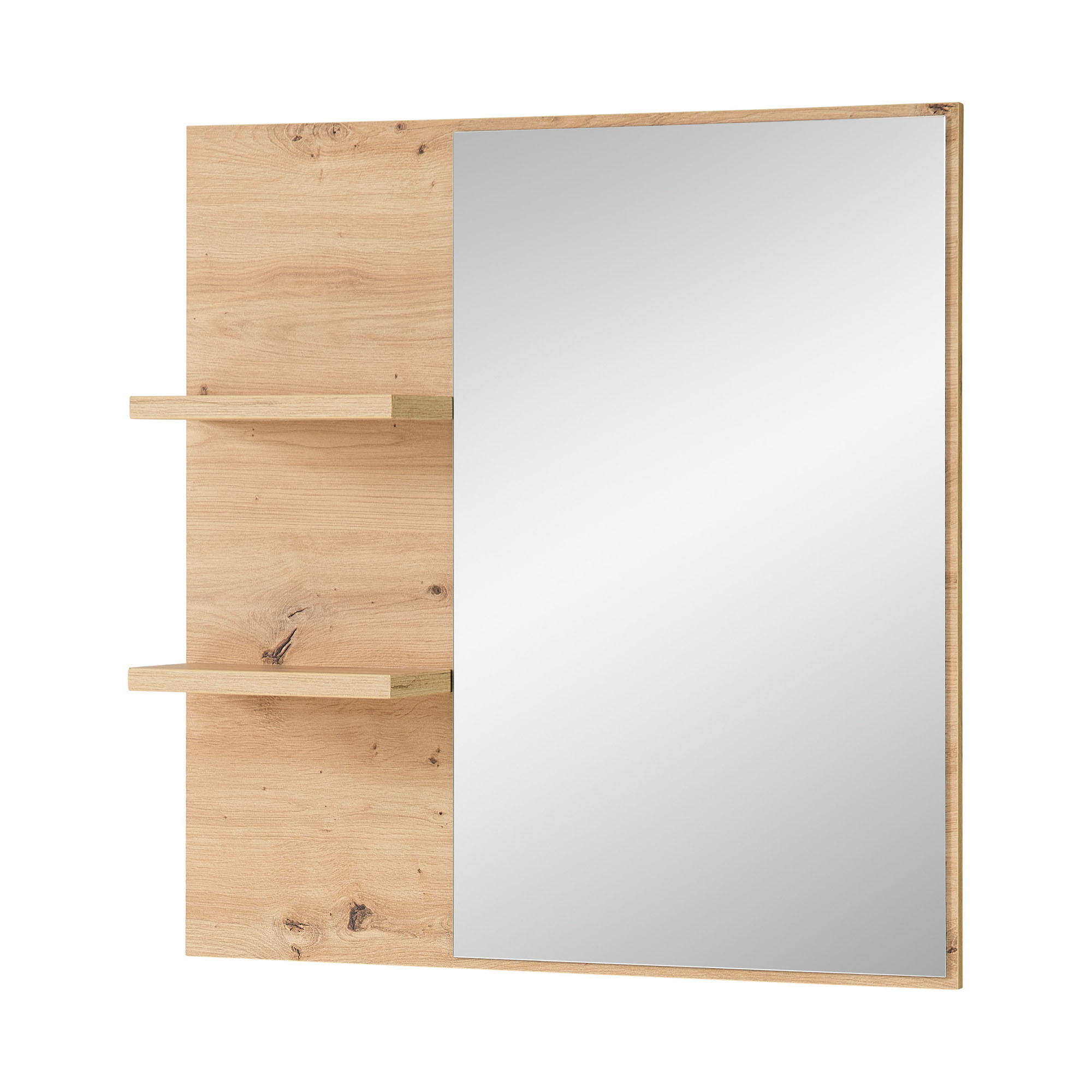 Rechteckiger Wandspiegel mit einer Holzrückwand auf der linken Seite und zwei kleinen waagerechten Ablagen.
