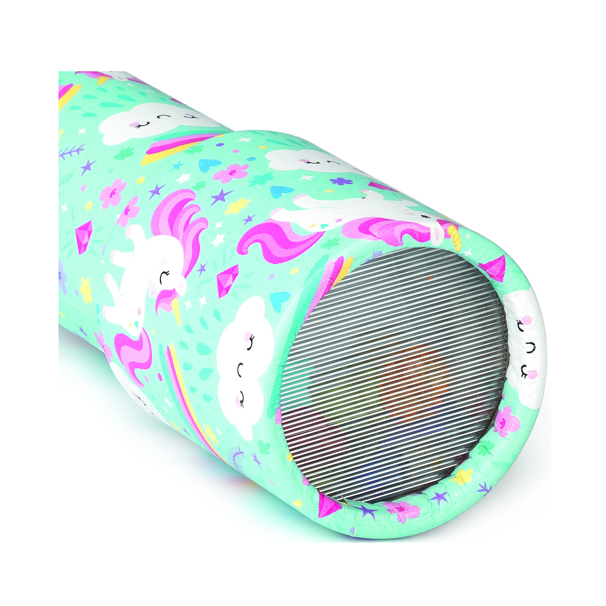 Mintfarbenes Kaleidoskop im Einhorn-Design, in Nahaufnahme mit der runden transparenten Linse dargestellt.