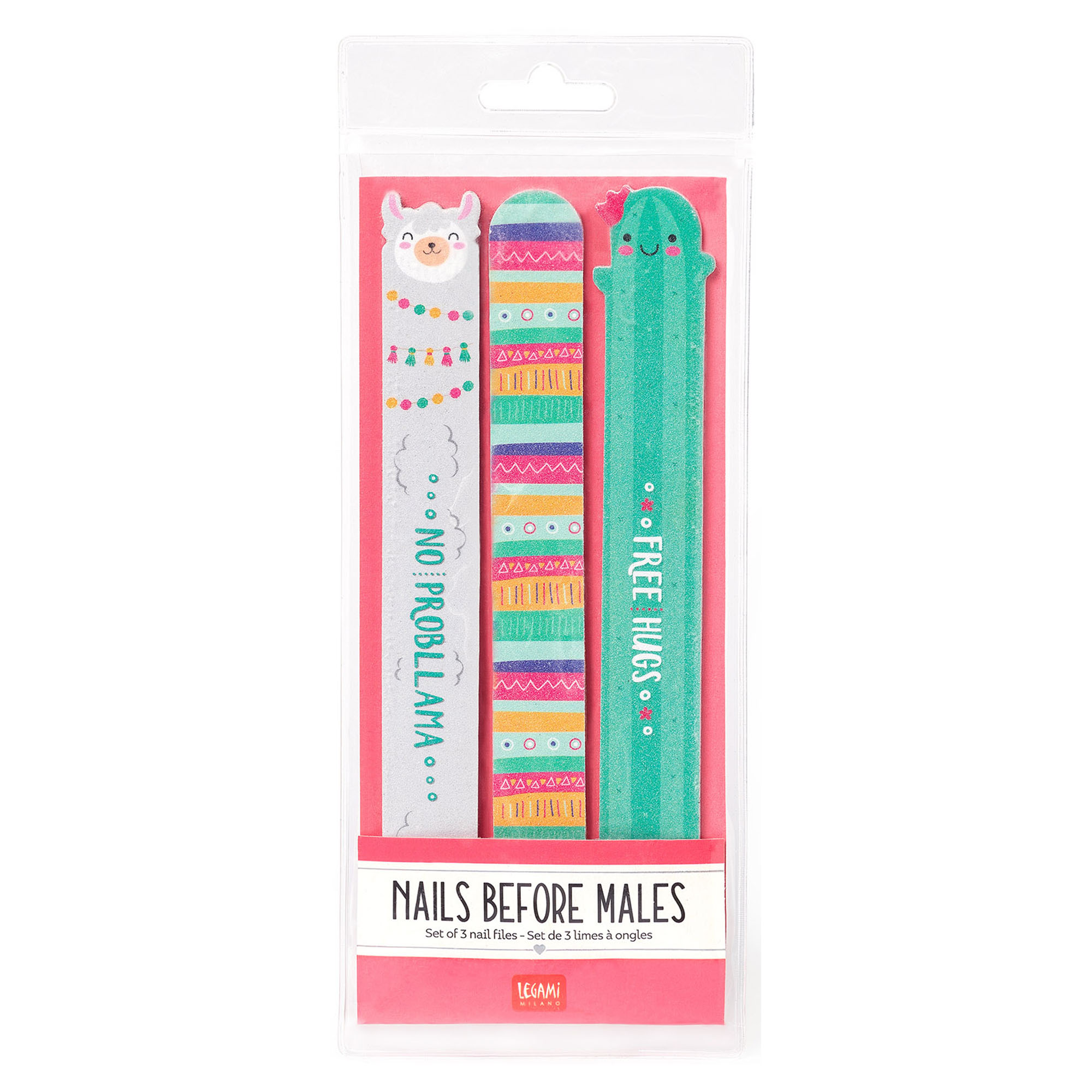 Drei Nagelfeilen mit Lama- und Streifenmotiven, in einer pinkfarbenen Blisterverpackung abgebildet.