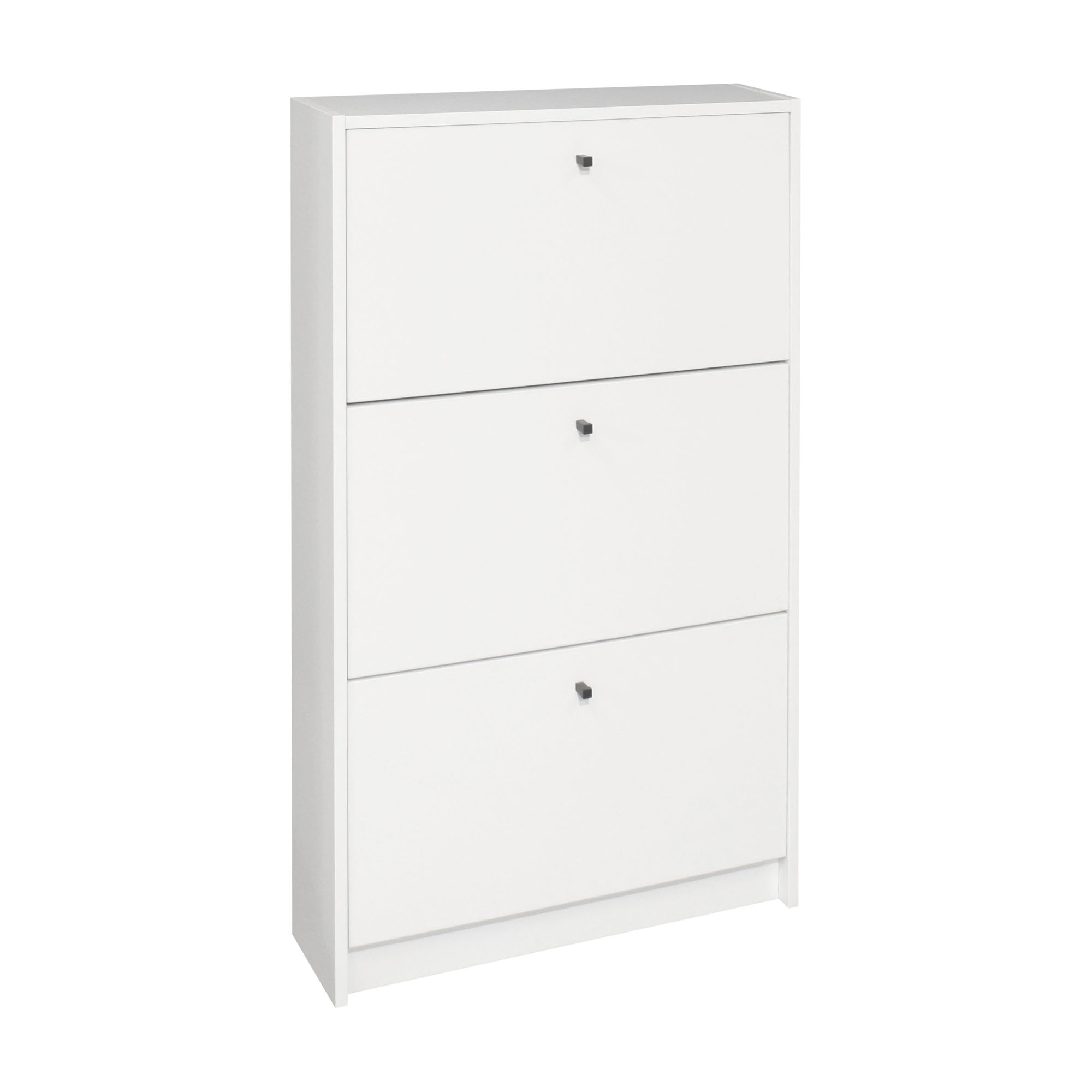 Moderner Schuhschrank in Weiß mit drei Klappen und kleinen schwarzen Griffen, minimalistisches Design