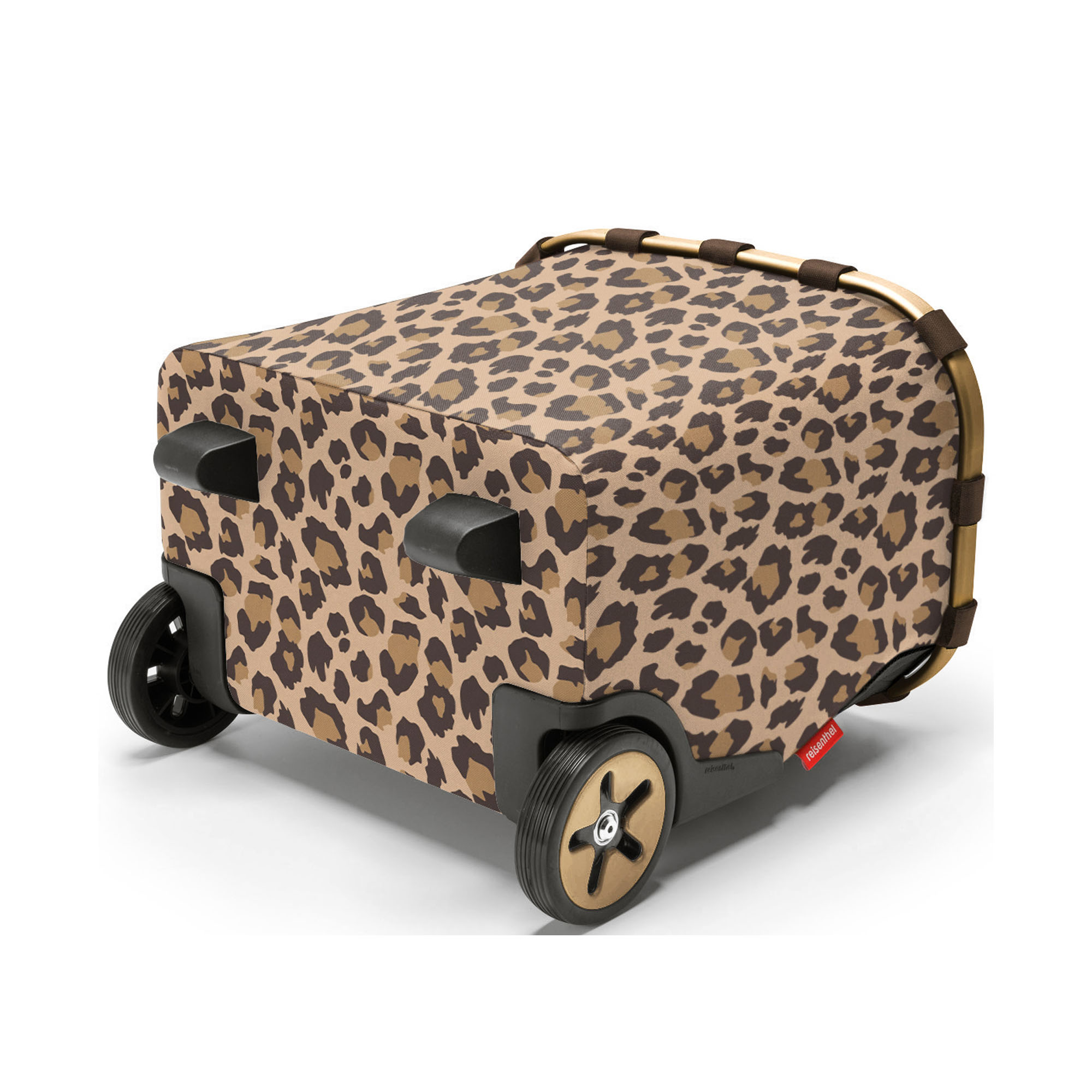 Einkaufstrolley von Reisenthel, Modell Carrycruiser, in Beige und Braun mit Leopardenmuster und braun-goldfarbenen Rahmendetails, auf die Seite gelegt mit sichtbarem Boden und zwei Rollen.