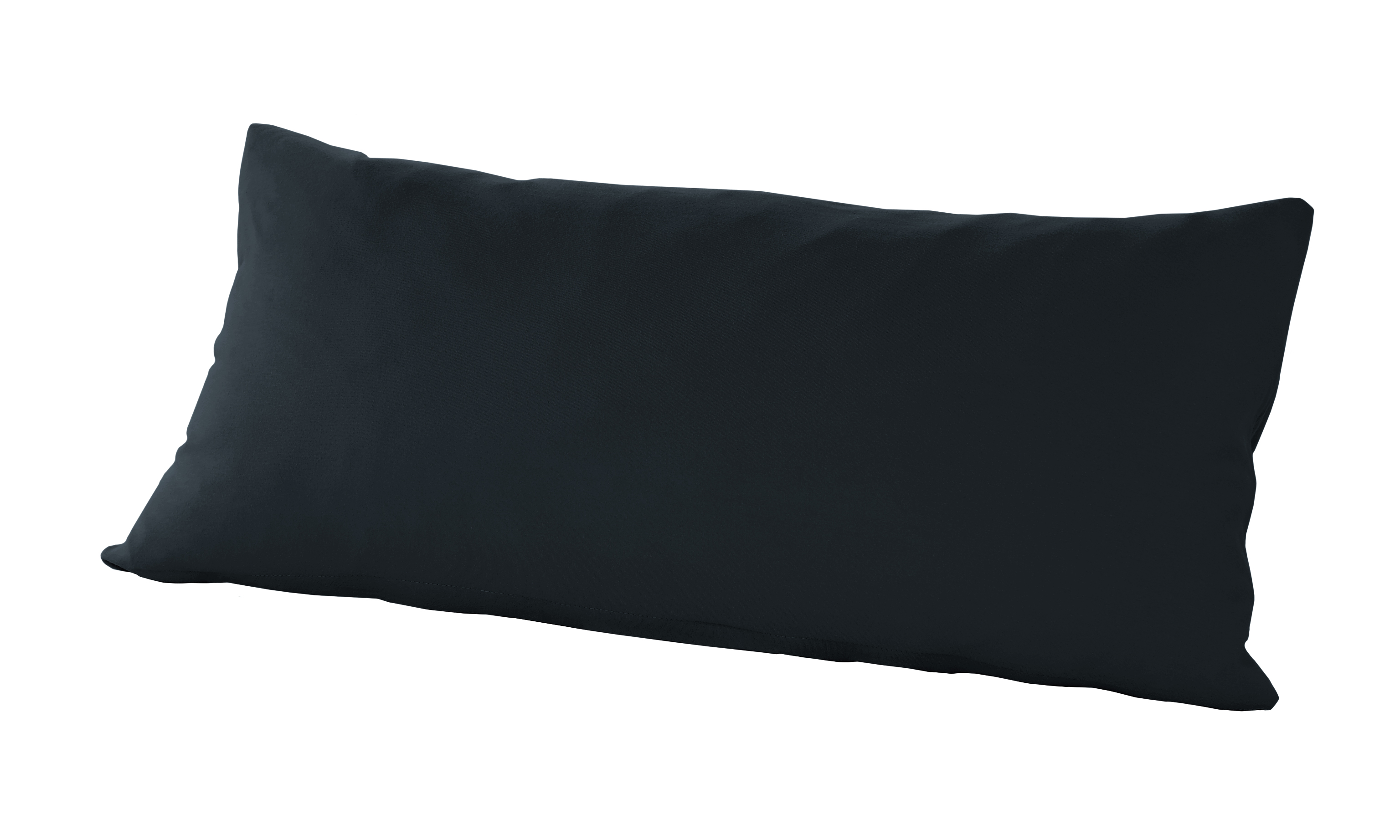 Rechteckigen Kissen mit Bezug in Schwarz, vollständig in frontaler Ansicht vor weißem Hintergrund dargestellt; Größe 40 x 80 cm.