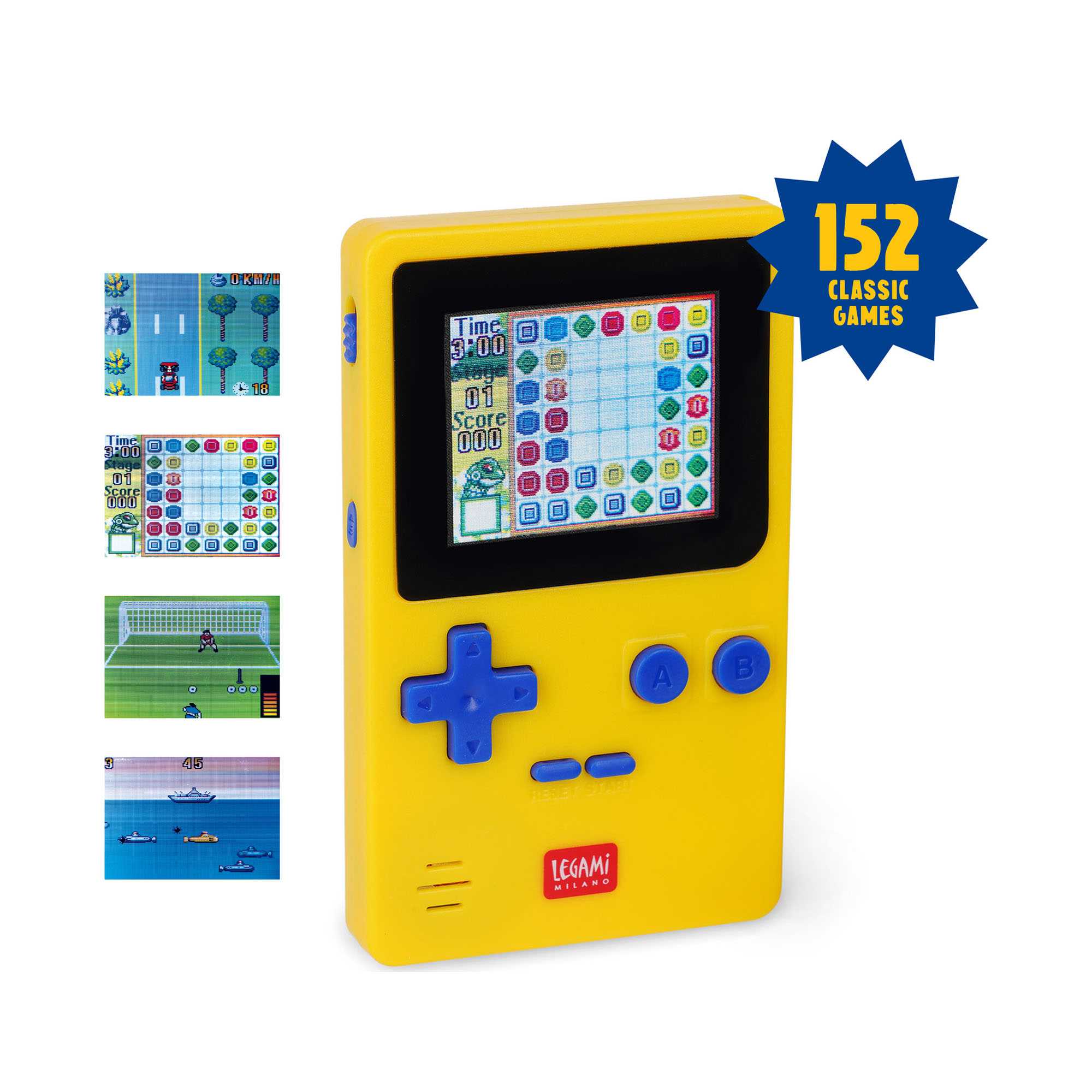 Gelbe Mini-Spielkonsole, neben mehreren Bildschirmbeispielen und einem Hinweis auf 152 Spiele dargestellt.