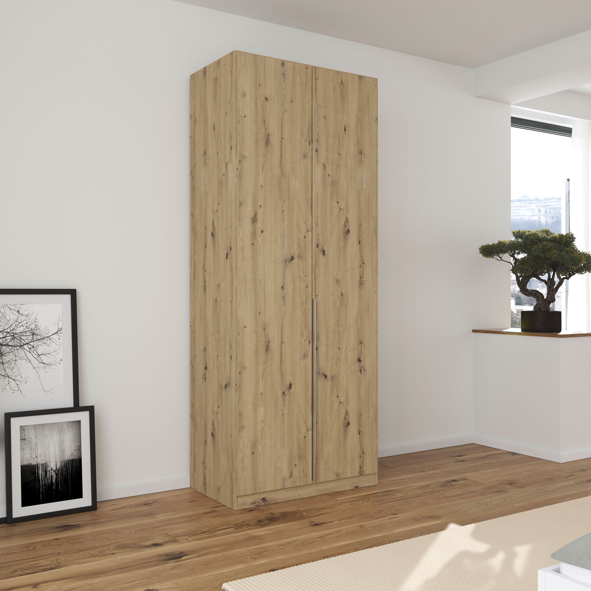 Kleiderschrank in Eiche Artisan in einem hell eingerichteten Schlafzimmer mit Holzfußboden und moderner Einrichtung