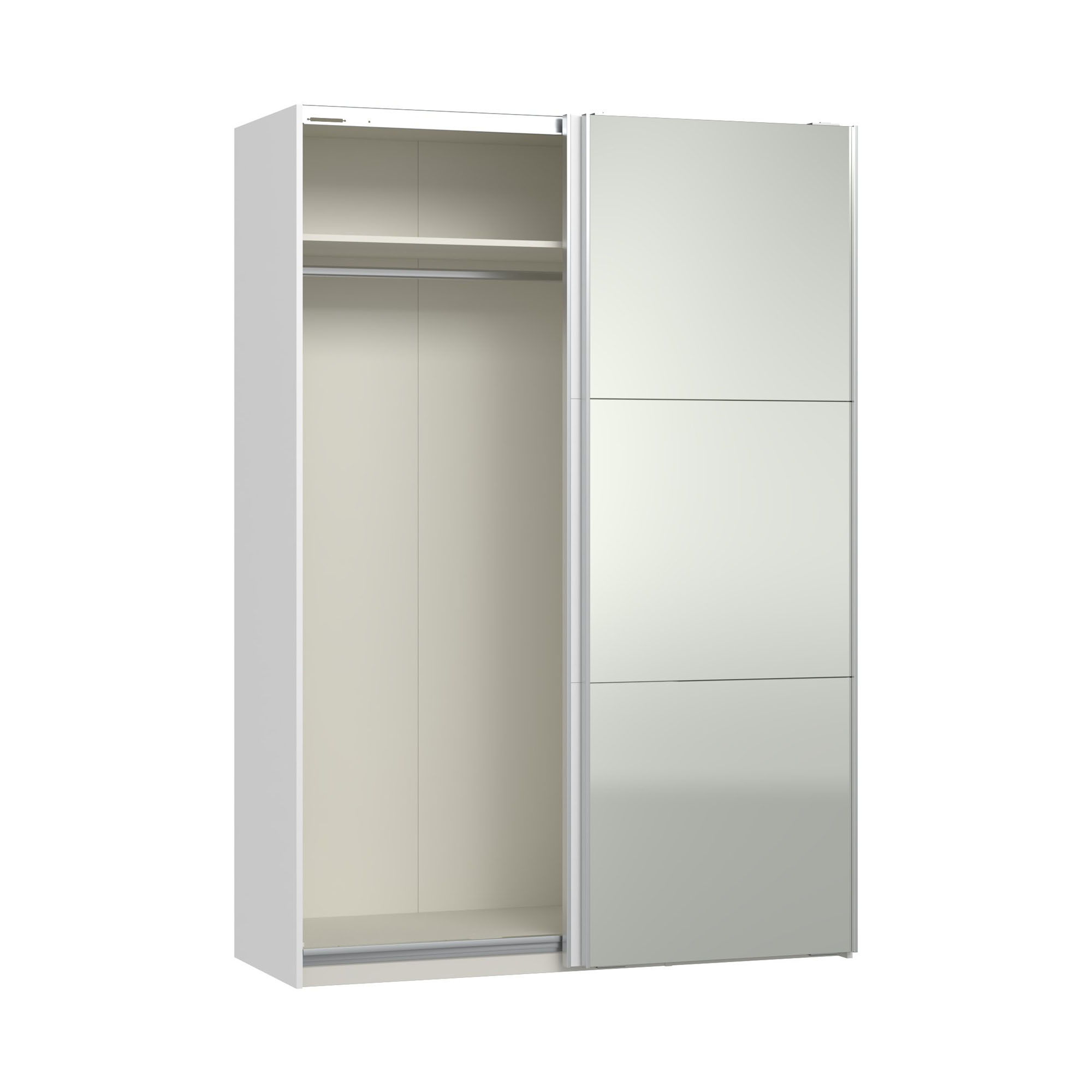 Schwebetürenschrank mit geöffneter Schiebetür und sichtbarem Innenraum