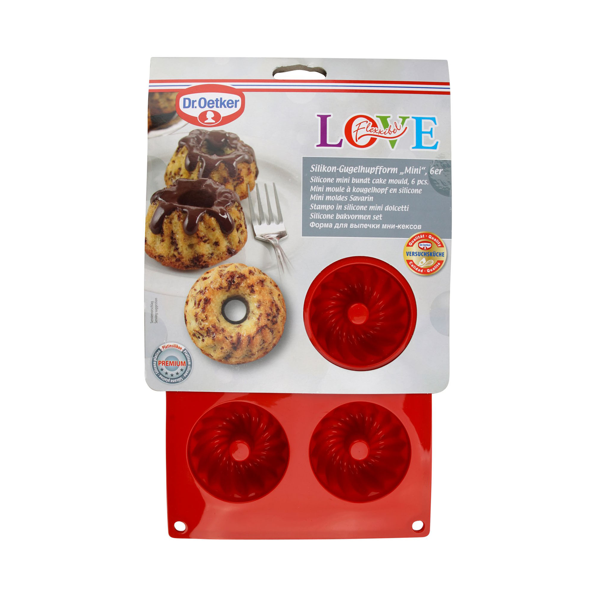 Verpackte rote Silikon Mini Gugelhupfform mit sechs Formen von Dr Oetker