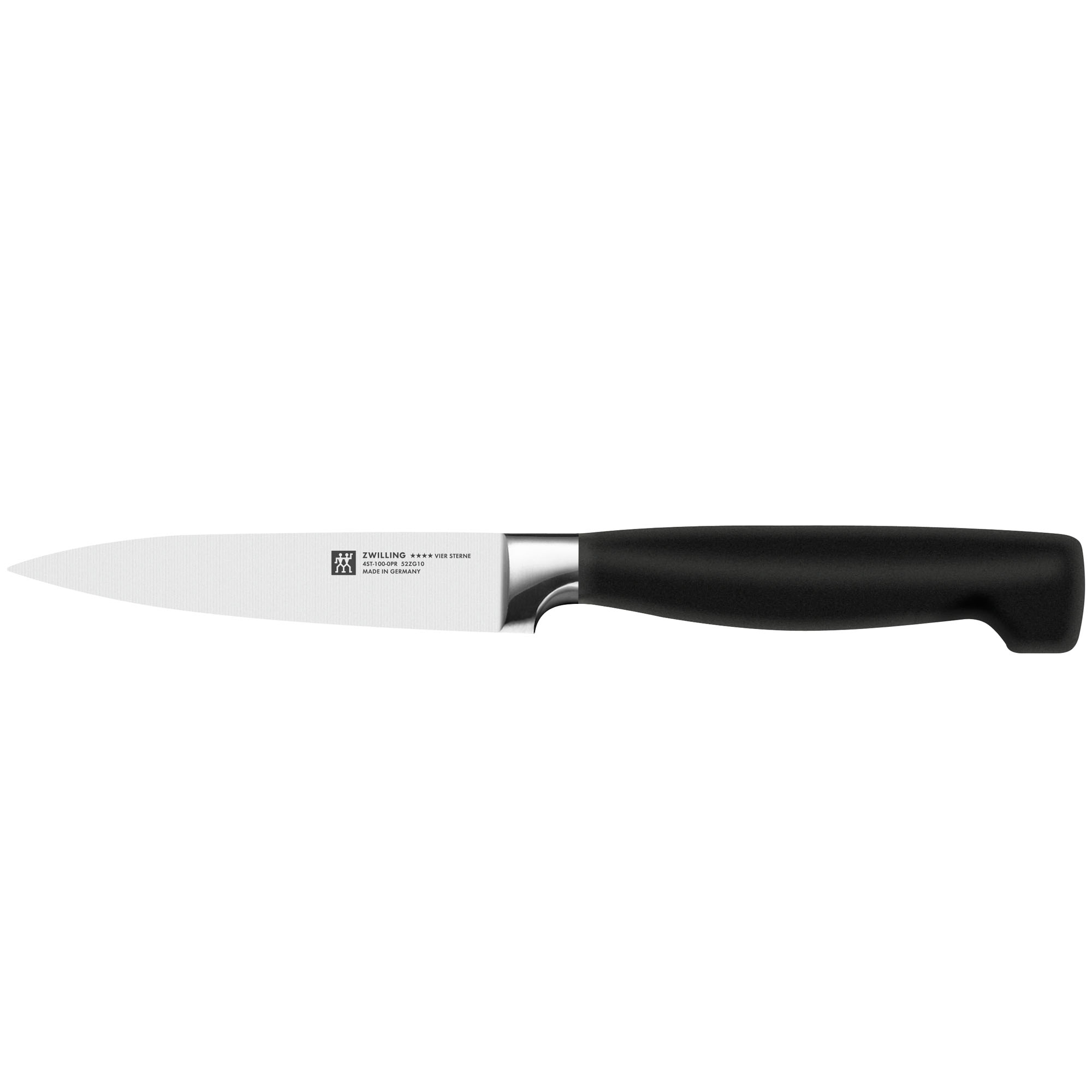 Schmales Spick- und Garniermesser mit kurzer Klinge, Serie Vier Sterne von ZWILLING, Klingenlänge 100 mm, freigestellt auf weißem Hintergrund.
